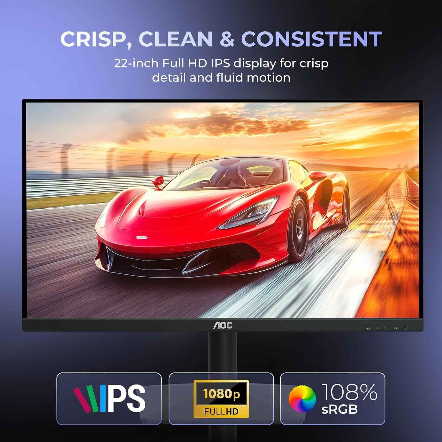 AOC 22B15H2 21.45” Full HD IPS Monitor | 120Hz Refresh Rate | 1ms MPRT | Adaptive Sync | 3-Sided Frameless | Low Blue Mode | HDMI & VGA | Black