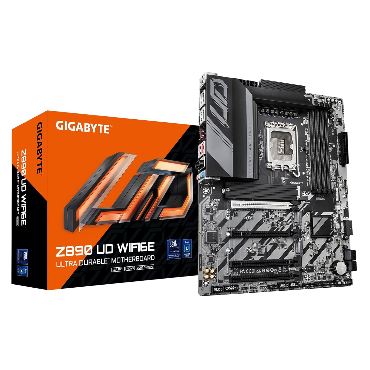 GIGABYTE Z890 UD WIFI6E Motherboard - Supports Intel Core Ultra (Series 2) CPUs, 12+1+2 phases VRM, up to 8800MHz DDR5 (OC), 1xPCIe 5.0 + 2xPCIe 4.0, Wi-Fi 6E, 2.5GbE LAN, Thunderbolt 4
