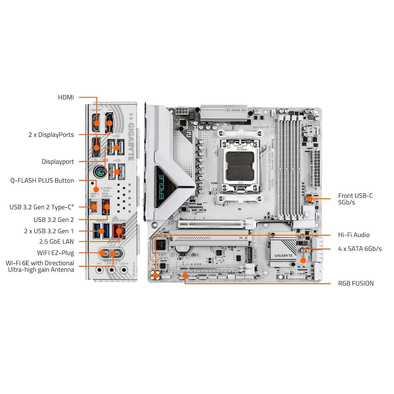 GIGABYTE B850M Eagle WIFI6E ICE AMD AM5 Motherboard, M-ATX, DDR5, 2X M.2, PCIe 5.0, USB-C, USB 3.2 Gen 2, WIFI6E, 2.5GbE LAN, EZ-Latch, Wi-Fi EZ-Plug