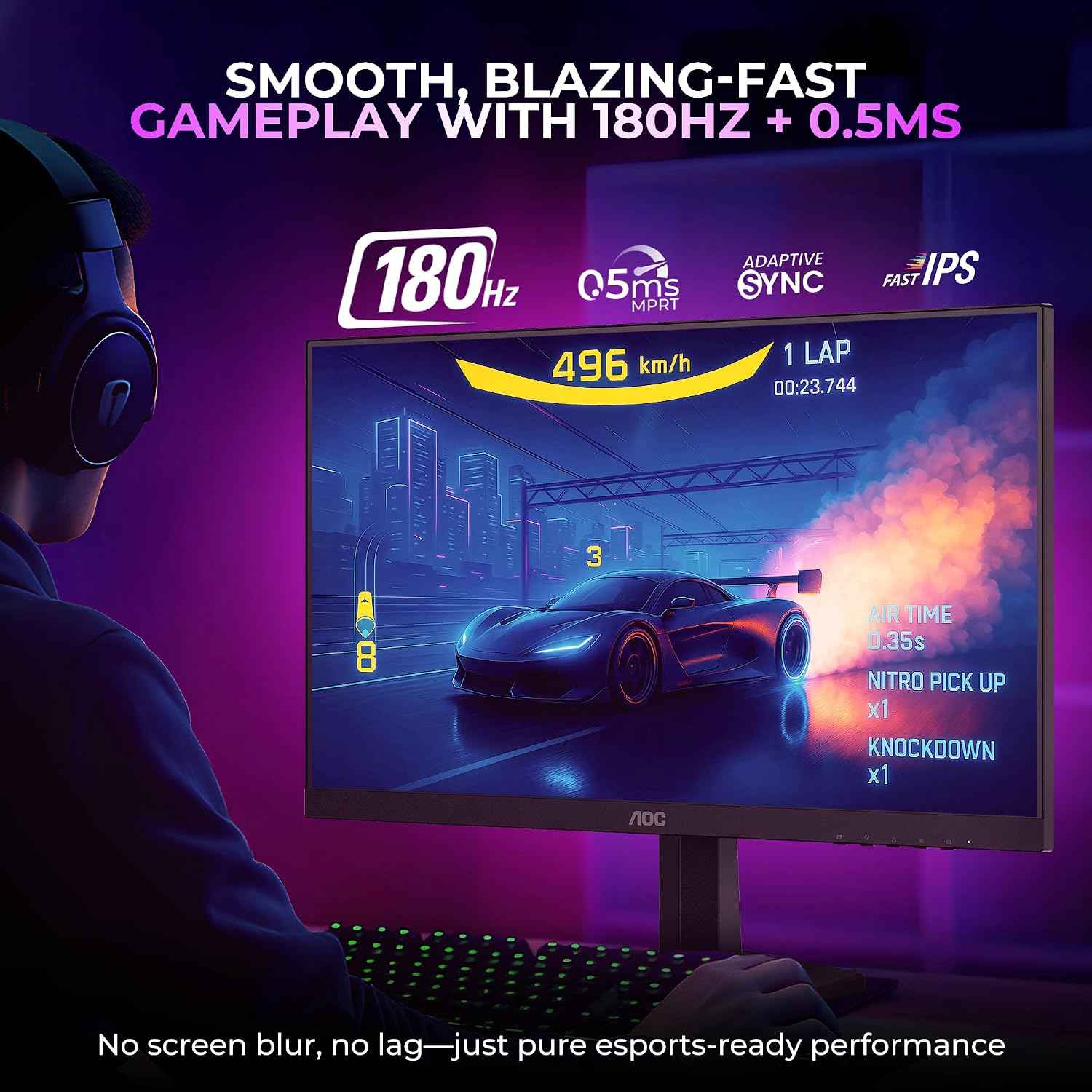 AOC 24G42E Gaming Monitor 24 inch FHD Fast IPS Gaming Monitor, 180Hz Refresh Rate, 0.5ms Response Time, Adaptive Sync, HDR10, Flicker-Free Technology, HDMI 2.0 & DisplayPort 1.4 Connectivity (Black)