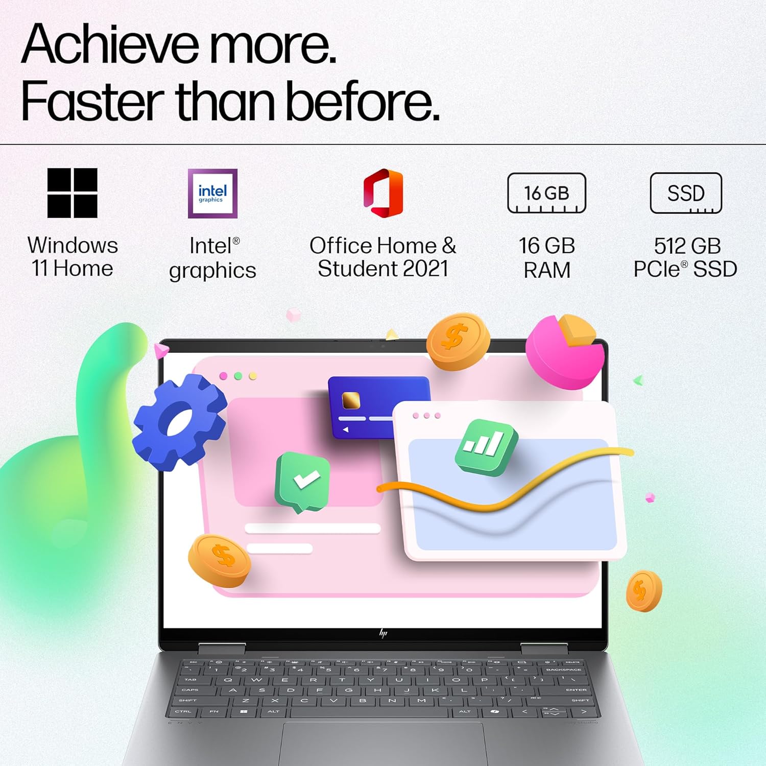 HP Envy x360, Intel Core Ultra 7-155U AI Laptop (16GB RAM, 512GB SSD) Touchscreen 2-in-1, IPS, WUXGA, 14"/35.6cm, Win 11, MS Office 2021, Silver, 1.39Kg, Integrated Graphics, 5MP IR Camera, fc0106TU