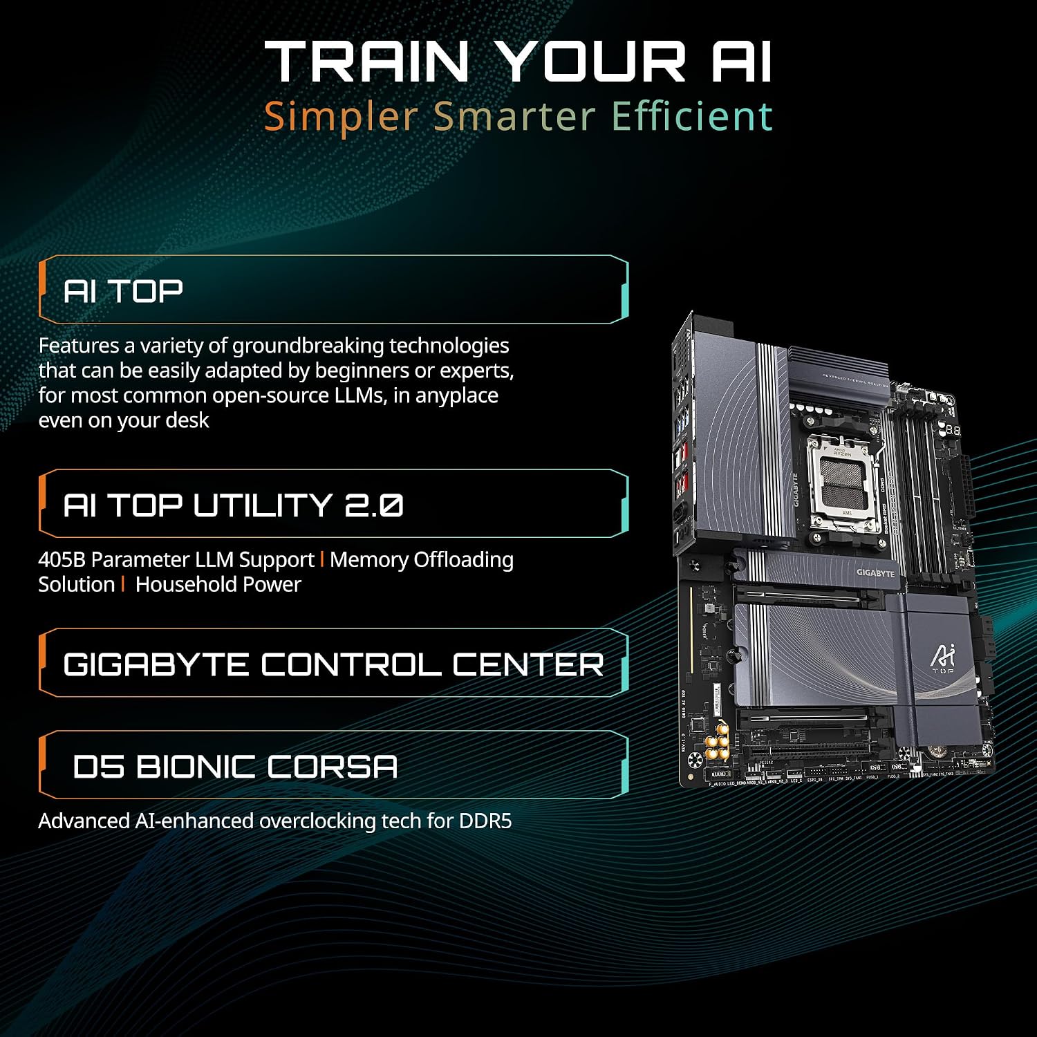 GIGABYTE B850 AI TOP AMD AM5 LGA 1718 Motherboard, ATX, DDR5, 3X M.2, PCIe 5.0, USB-C, WIFI7, 10GbE LAN, EZ-Latch, 5-Year Warranty