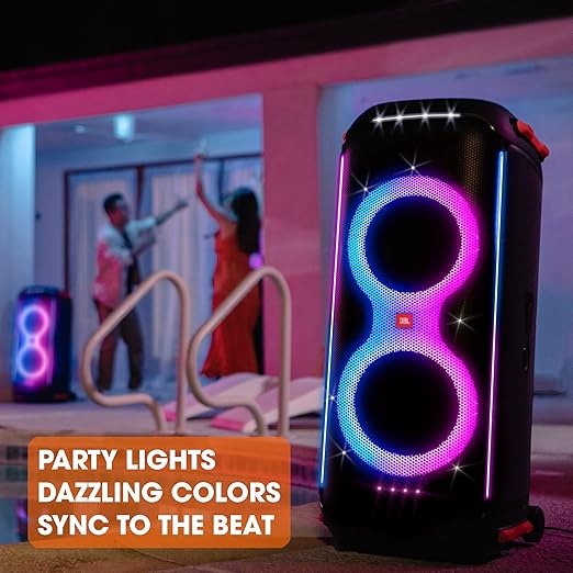 JBL PartyBox 710 Bluetooth Party Speaker with Dynamic Music Synced Flashing Club Pattern Lightshow, Pro Sound, Splashproof, PartyBox App Personalisation,Guitar and Mic Input(800 Watt RMS, Black) - Zapnet.in