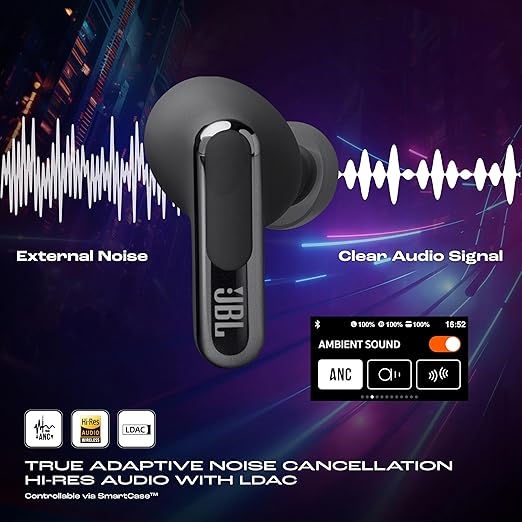 JBL Live Beam 3 TWS,Hi-Res Audio True ANC Earbuds,Smart Case with Touch Display,48H Playtime,Wireless Charging,6 Mic,Multipoint Connection,Ip55 Proof, Headphones App,Personi-Fi 3.0 (Black) - Zapnet.in