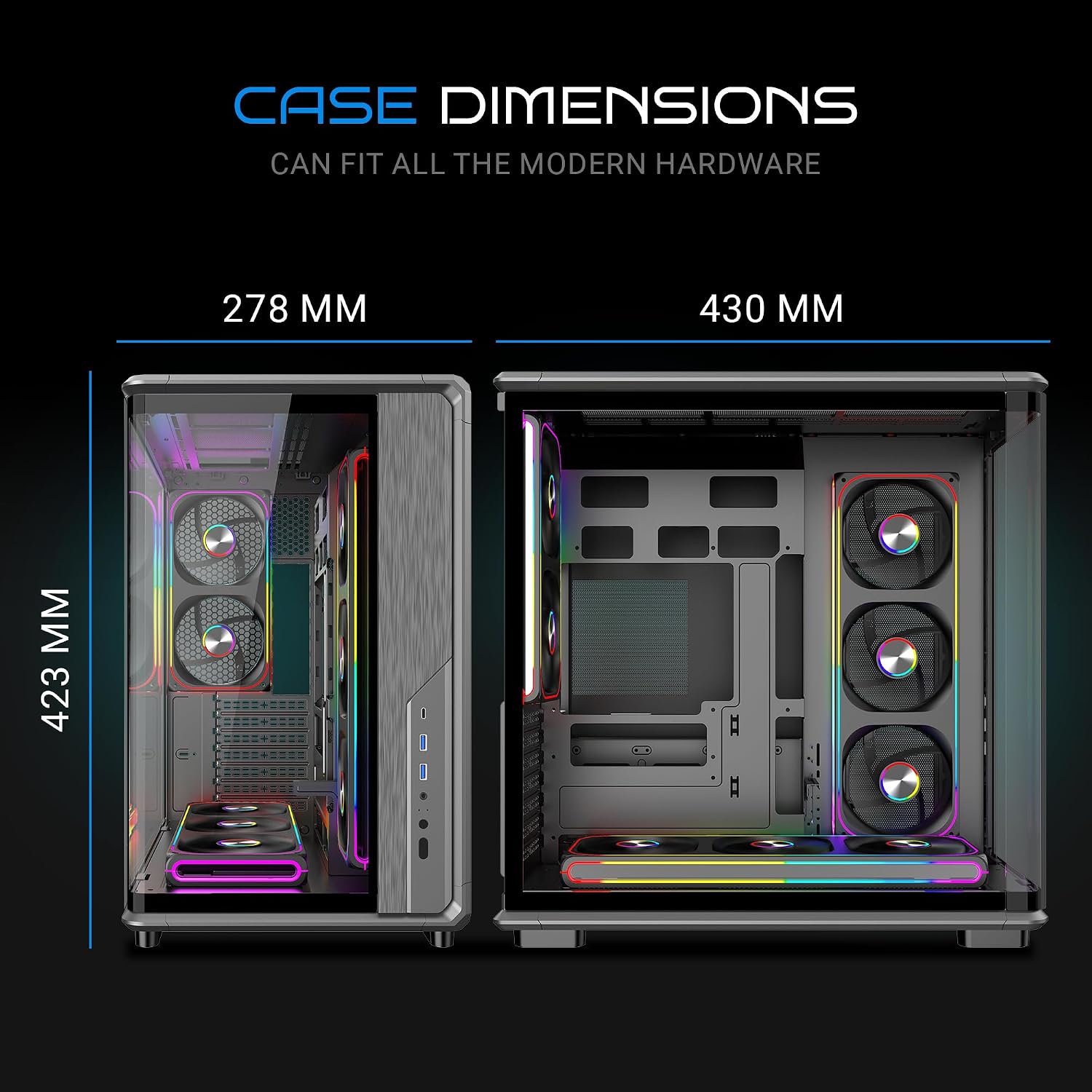 Ant Esports Crystal X8 Arc Mid Tower Gaming Cabinet | Panoramic 270° Tempered Glass, Supports BTF Back-Connect ATX Motherboards, Pre-Installed 8X 120mm ARGB Fans, 360mm AIO Support | Black