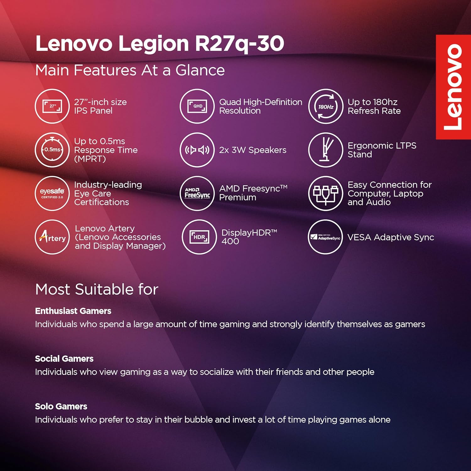 Lenovo Legion R27q-30 | 27 Inch (68.58cm) 180Hz 2K QHD Gaming Monitor | 0.5ms, AMD FreeSync, 99%sRGB, 90% DCI-P3, 3Wx2 Speaker, 2xHDMI, 1xDP|Tilt, Swivel, Pivot, Height Adjust Stand, Black, 67B4GAC1IN