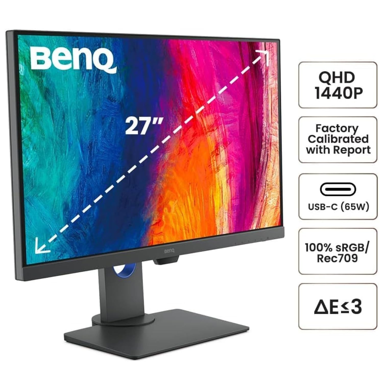 BenQ PD2705Q 27" 2560x1440 QHD 60Hz IPS|HDR10| 100% sRGB & Rec.709|Pantone Validated|Calman Verified|Daisy Chain|Animation Mode|DesignVue Color Accurate Monitor|Auto Pivot|HDMI|DP|USB-C(65W) (Black)