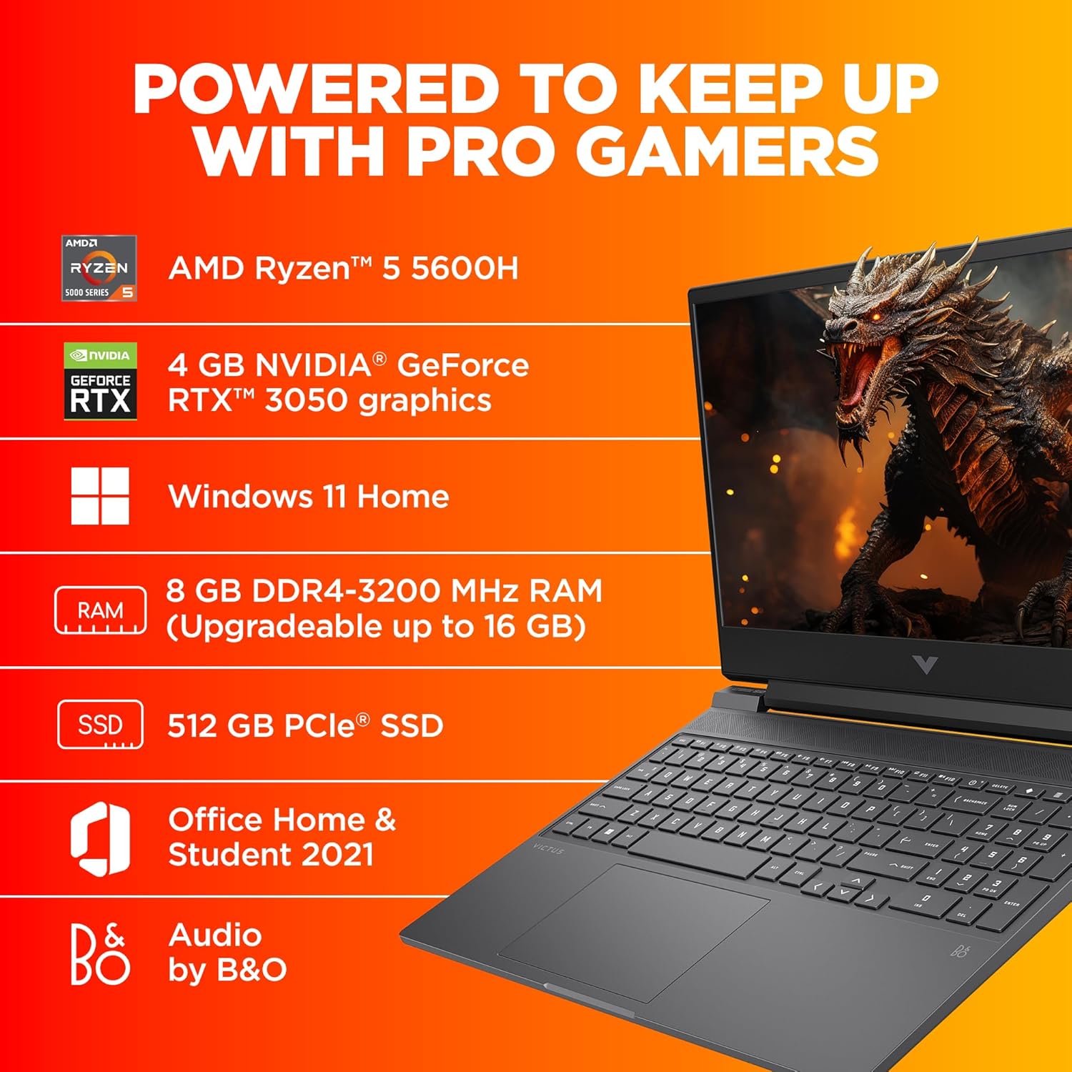 HP Victus Gaming Laptop, AMD Ryzen 5 5600H, 4GB RTX 3050 GPU, 15.6-inch (39.6 cm) FHD IPS 144Hz, 8GB DDR4, 512GB SSD, Backlit KB, 9ms Response time (Win 11, MSO, Silver, 2.37 kg), fb0050AX