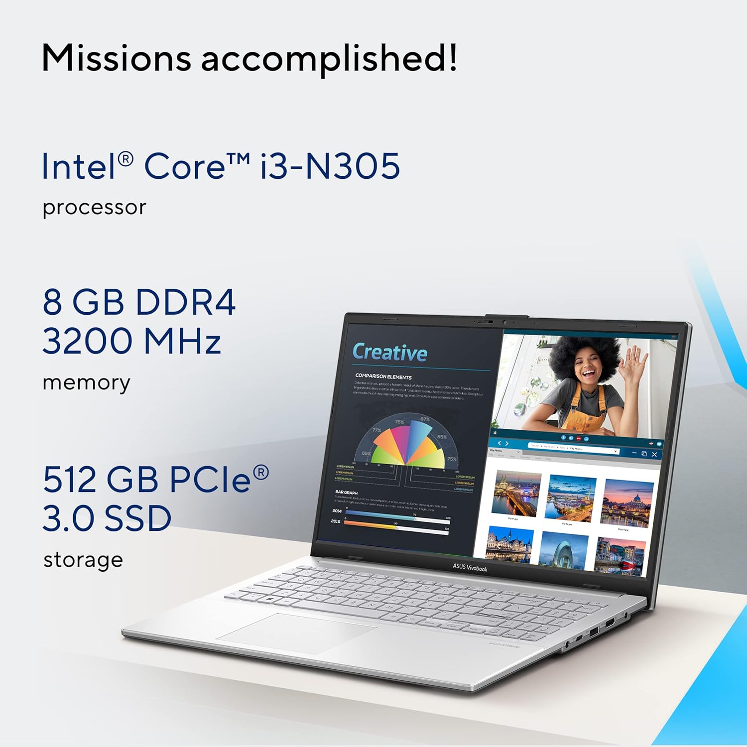 ASUS Vivobook Go 15 (2023), Intel Core i3-N305, 8GB RAM, 512GB SSD, FHD, 15.6"/39.62cm, Windows 11, MS Office 2021, Silver, 1.63KG, E1504GA-NJ321WS, Integrated Graphics, Backlit KB, Thin&Light Laptop