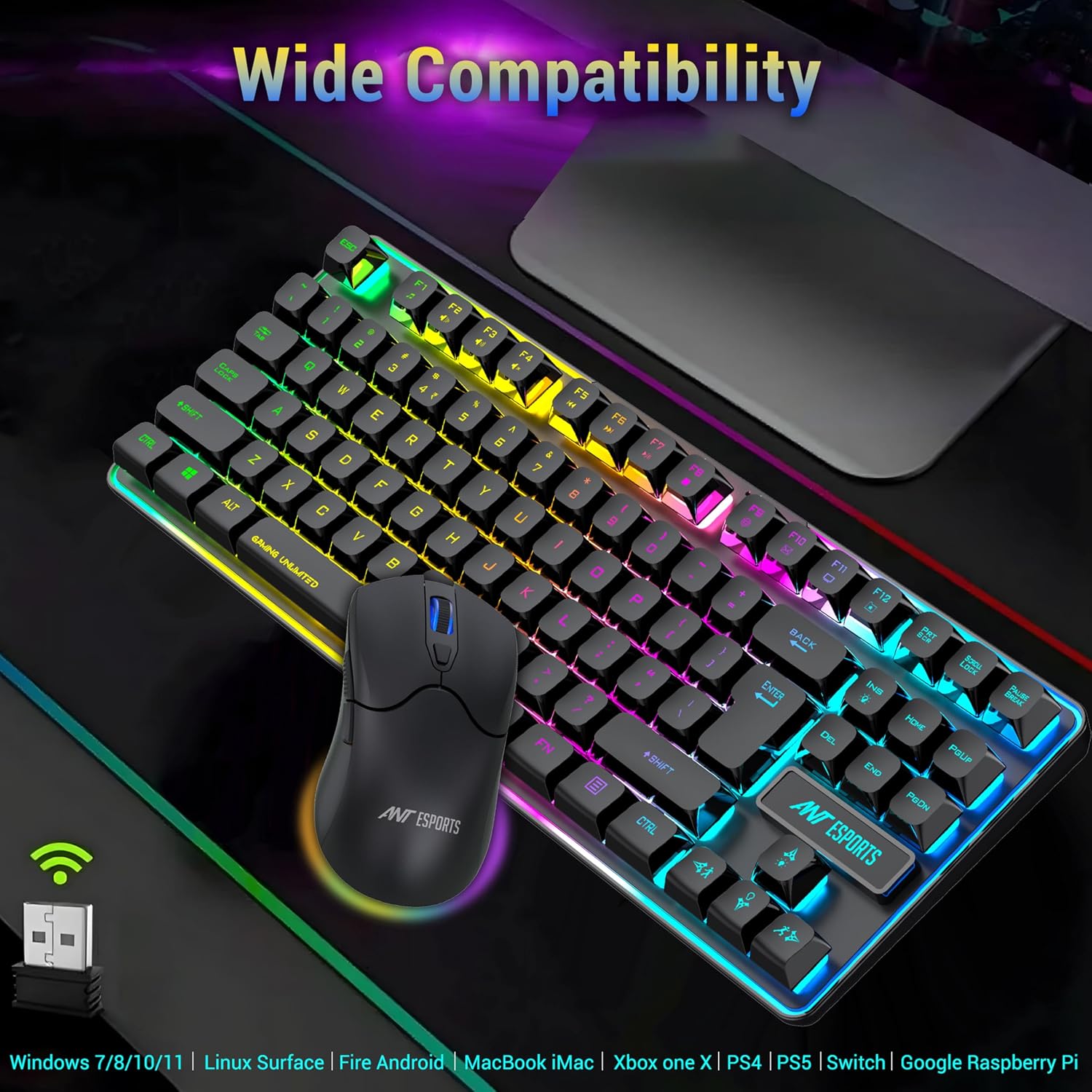 Ant Esports KM730 Pro Gaming Wireless TKL Keyboard Mouse Combo Rechargeable RGB Backlit Tenkeyless Compact 87 Keys 6 Button for Computer Laptop PS4 PS5 - XP/7/8/10 iMac MacBook Xbox one X – Black