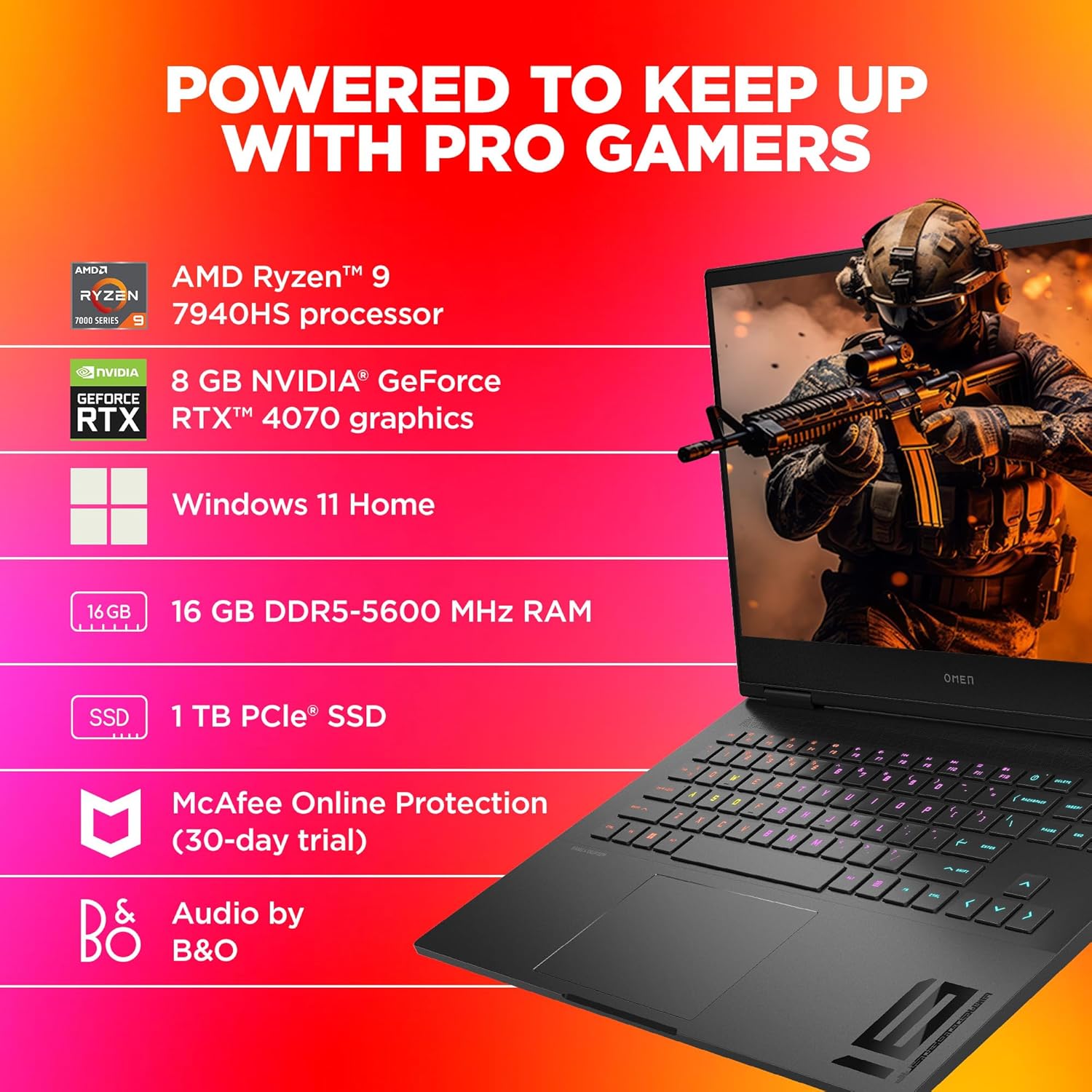HP Smartchoice Omen,Windows 11 Home AMD Ryzen 9 7940HS,8GB RTX 4070(16GB DDR5,1TB SSD) FHD,165Hz,IPS,300 Nits,16.1''/40.9Cm,Black,2.38Kg,Xf0100Ax,RGB KB,B&O,Tempest Cooling,AI-Powered Gaming Laptop