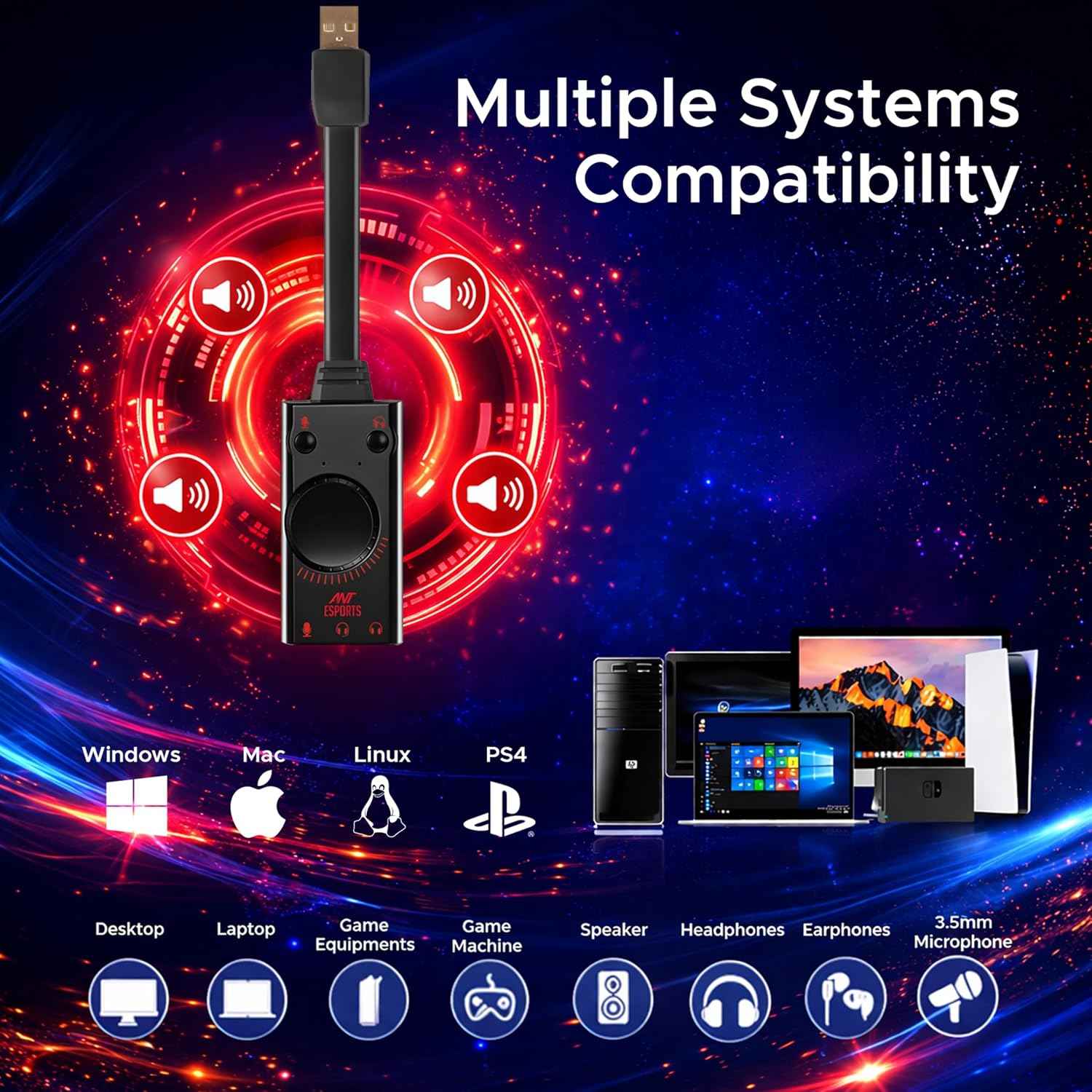 Ant Esports 7.1 USB Gaming Sound Card, 7.1 Channel External Audio Adapter Stereo Sound Card Converter 3.5mm AUX Microphone Jack for Gaming Headset Earphone PS4 Laptop Desktop Windows Mac OS Linux, Plug Play