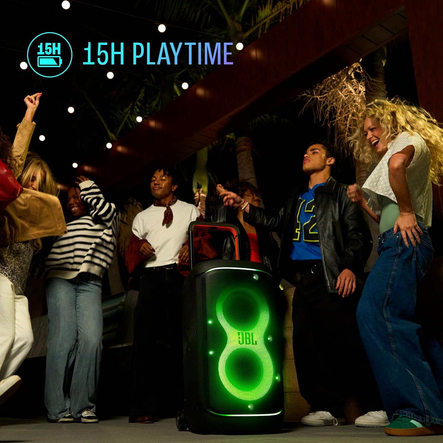 JBL Partybox 520 Wireless Bluetooth Party Speaker, Electrifying AI Sound Boost, Upto 15Hrs Playtime, Replaceable Battery, Multispeaker Connection by Auracast-, PartyBox App-Black