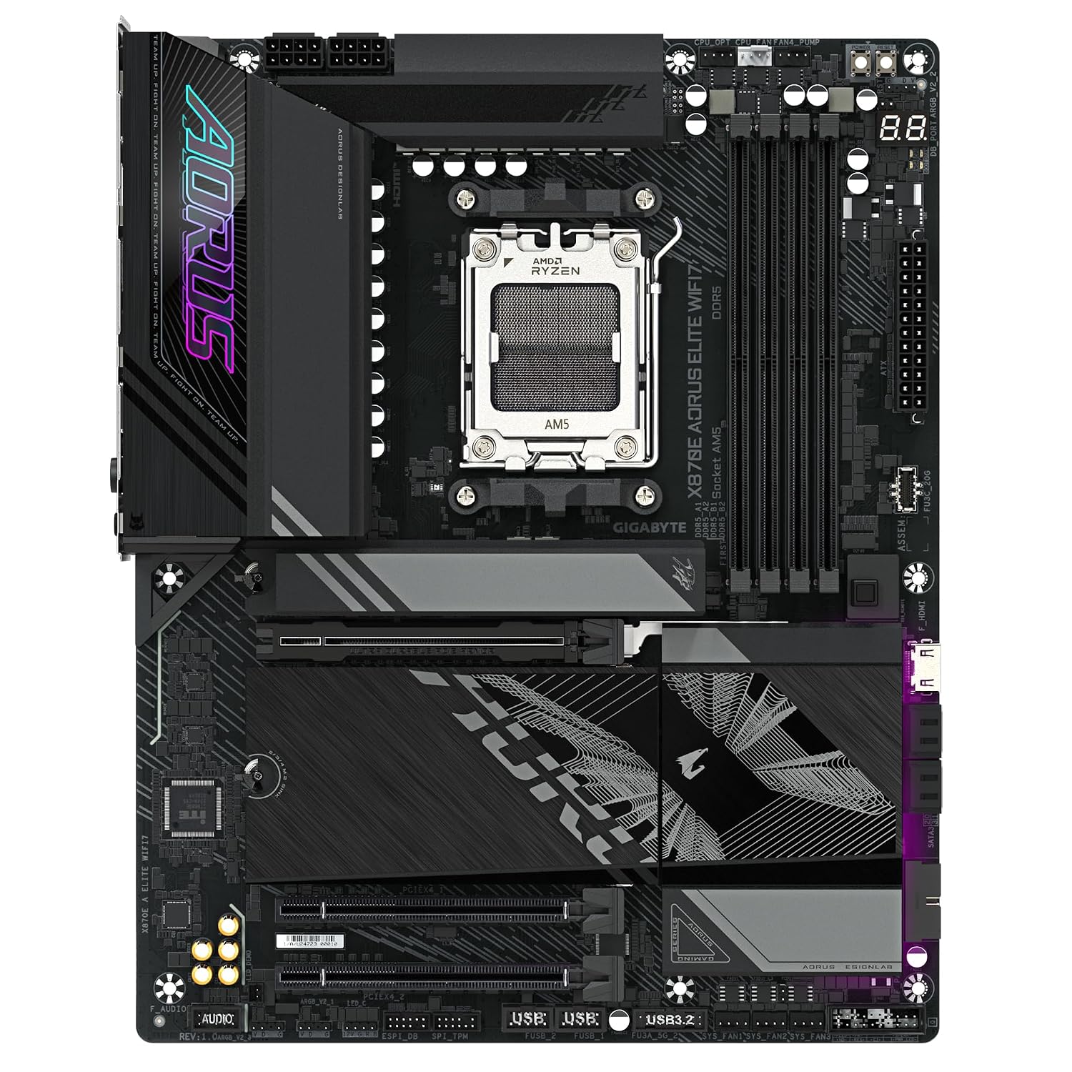 GIGABYTE X870E Aorus Elite WIFI7 AMD Socket AM5 Motherboard, Dual Channel DDR5 4*DIMMs, 4*M.2 Slots, Including 3* PCIe 5.0 x4, 2.5GbE LAN & Wi-Fi 7 with Directional Ultra-high gain Antenna