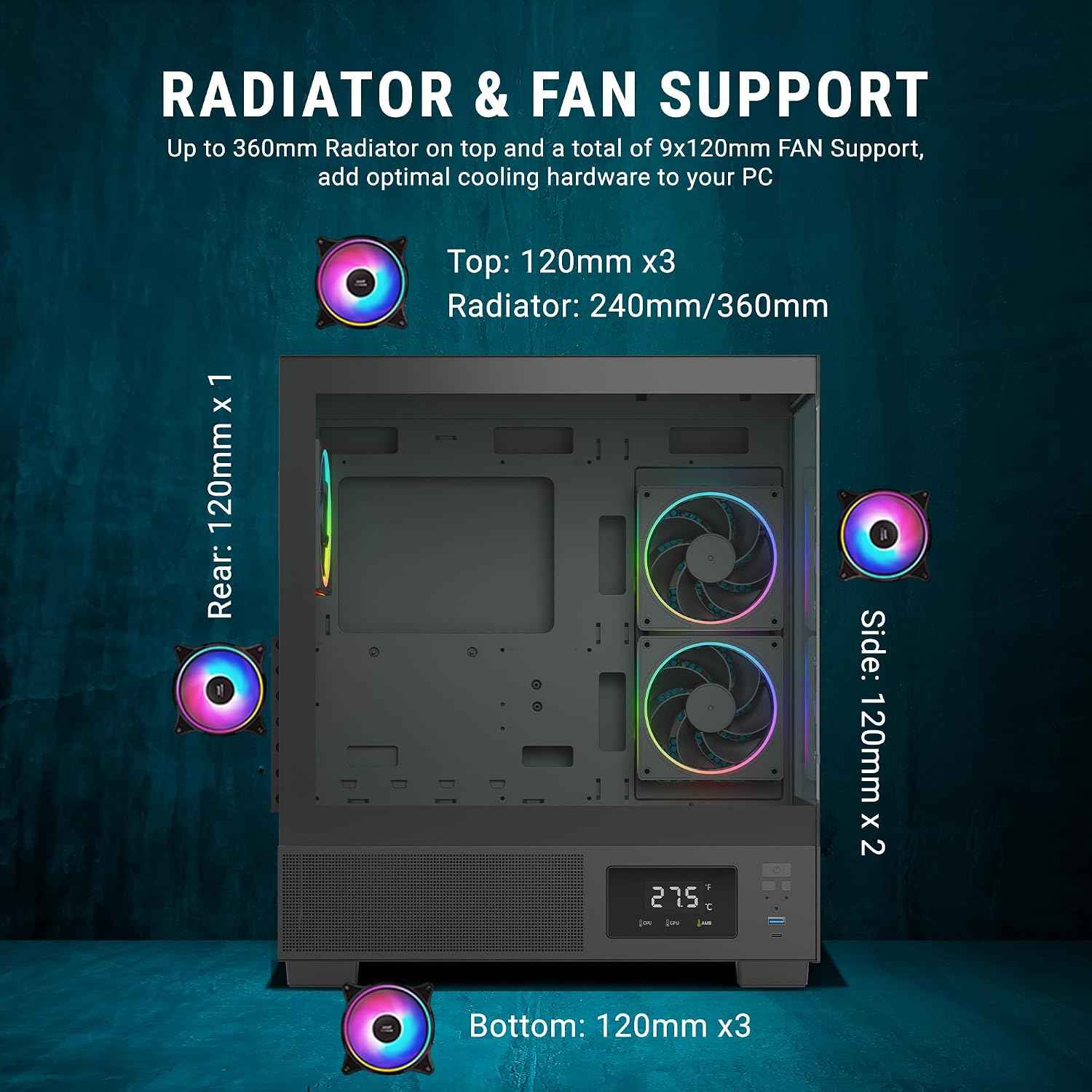 Ant Esports Crystal X3 LCD Mid-Tower ATX Computer Case/Gaming Cabinet - Black | Support ATX, Micro-ATX, Mini-ITX | Pre-Installed 3 ARGB Fans