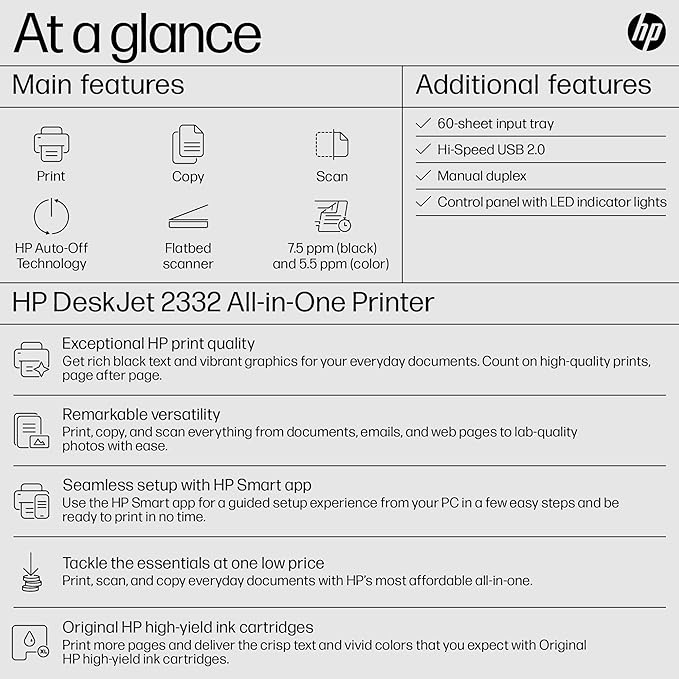 HP DeskJet 2332 All-in-One Printer, Print, Copy, Scan, Hi-Speed USB 2.0, Up to 7.5/5.5 ppm (Black/Color), 60-Sheet Input Tray, 25-Sheet Output Tray, 1000-page Duty Cycle, Color, 7WN44D - Zapnet.in