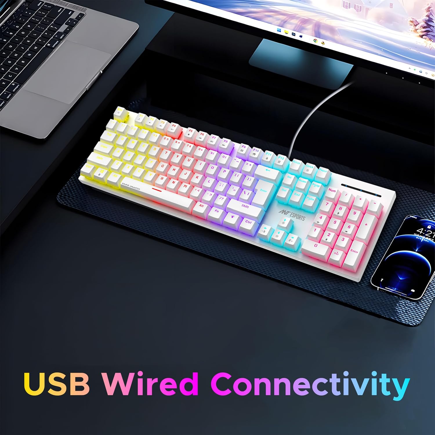 Ant Esports MK3400 Pro V3 Mechanical RGB Gaming Keyboard, 104 Keys-Brown Switch, Multicolour Backlit, Anti-Ghosting, USB Wired, Media Keys, 12 LED Modes, for PC, Mac, Windows, Linux – White