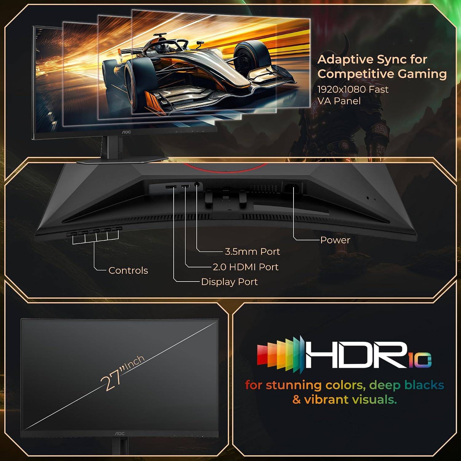 AOC C27G4Z 27" FHD Curved Monitor, 280Hz~300Hz Refresh Rate, 0.3ms MPRT, Fast VA Panel, 1500R, AMD Free Sync Premium, HDR10, Height Adjustable, Sniper Gaming Mode, Flicker-Free, HDMI 2.0