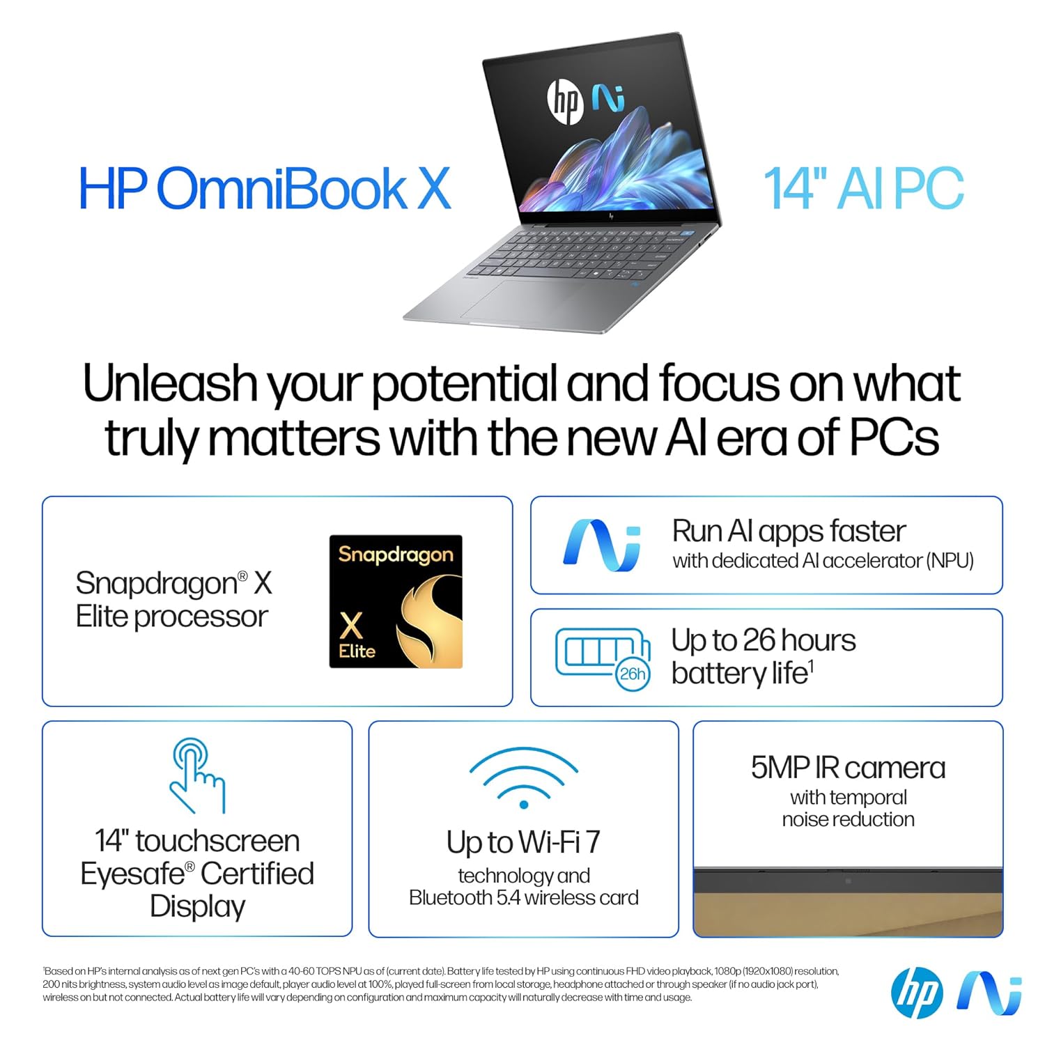 HP OmniBook X Laptop, Snapdragon® X Elite X1E-78-100,14inch(35.6 cm),2.2K Touch Display,IPS,16GB LPDDR5x,1TB SSD,Next Gen Windows, Copilot +,Blue,1.34 kg,14-fe0121QU - Zapnet.in