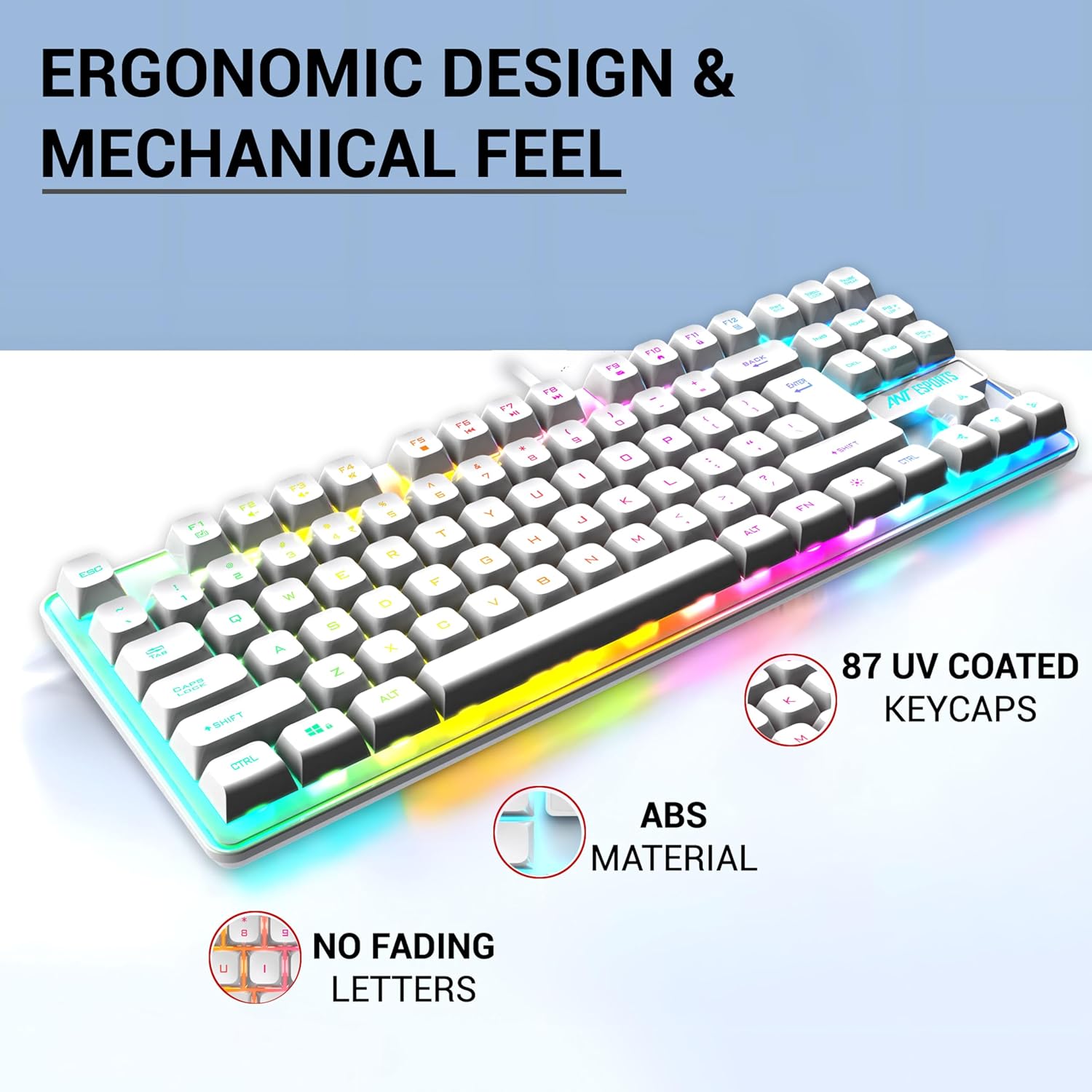 Ant Esports MK710 V2 Membrane TKL Wired Gaming Keyboard Mouse Combo 87 UV Coated Mechanical feel Keys Cool RGB Backlight Keyboard,1200-3600 DPI Aero-Jet RGB Gaming Mouse with Type C Adapter_ Mercury