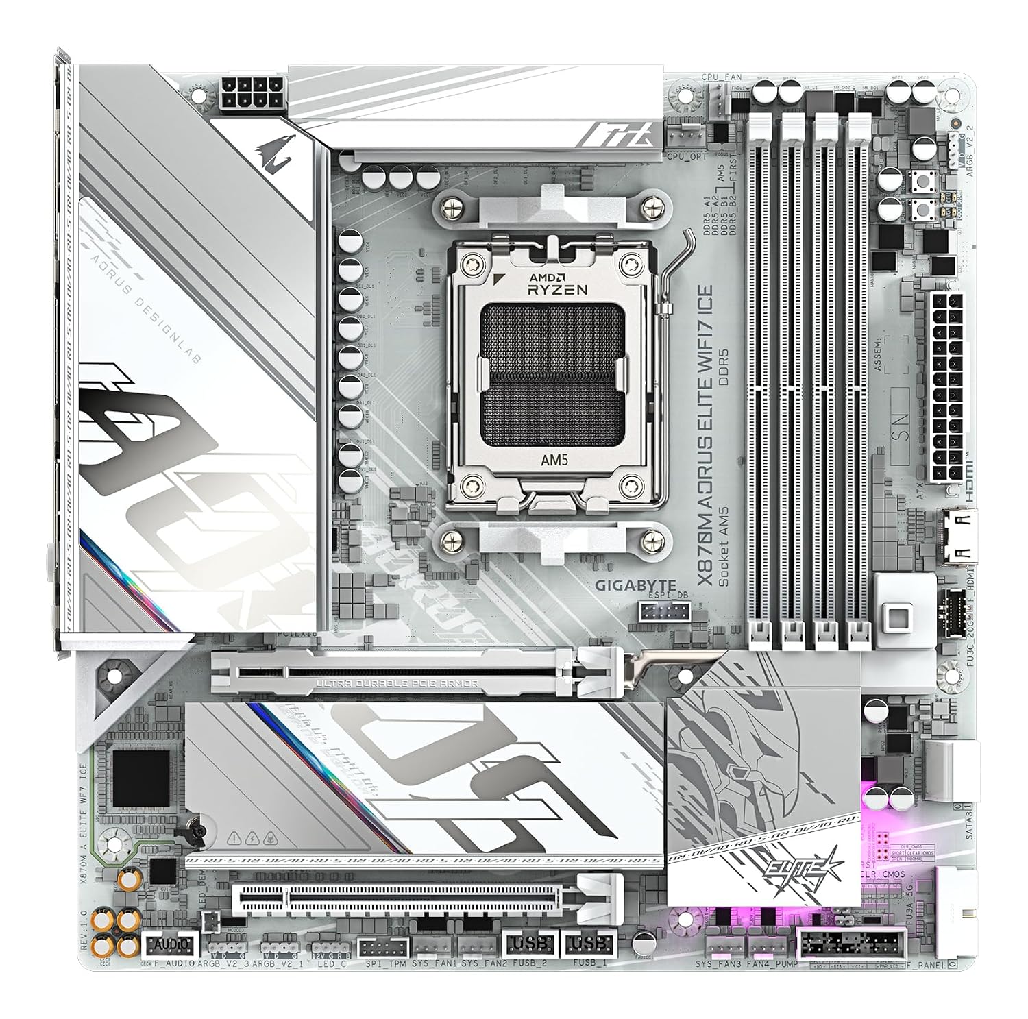 GIGABYTE X870M AORUS Elite WIFI7 ICE AMD Motherboard 4 x DIMMs, 14*+2+2 Twin Digital VRM Design, 2.5 GbE LAN, 2 x USB4 Type-C®, Wi-Fi 7