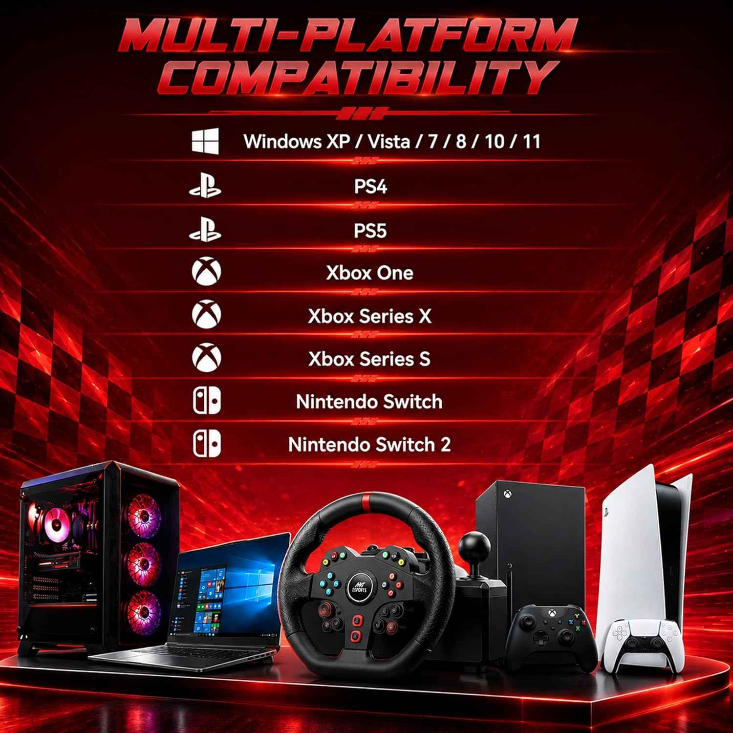 Ant Esports GWGT5 Racing Steering Wheel with Pedals,Gear Shifter &PS5 Adapter for PS5,PS4,Xbox One,Xbox Series X|S,PC & Nintendo Switch| 270 Degree Rotation,Dual Vibration Motor,6 Suction Cup Mounts.