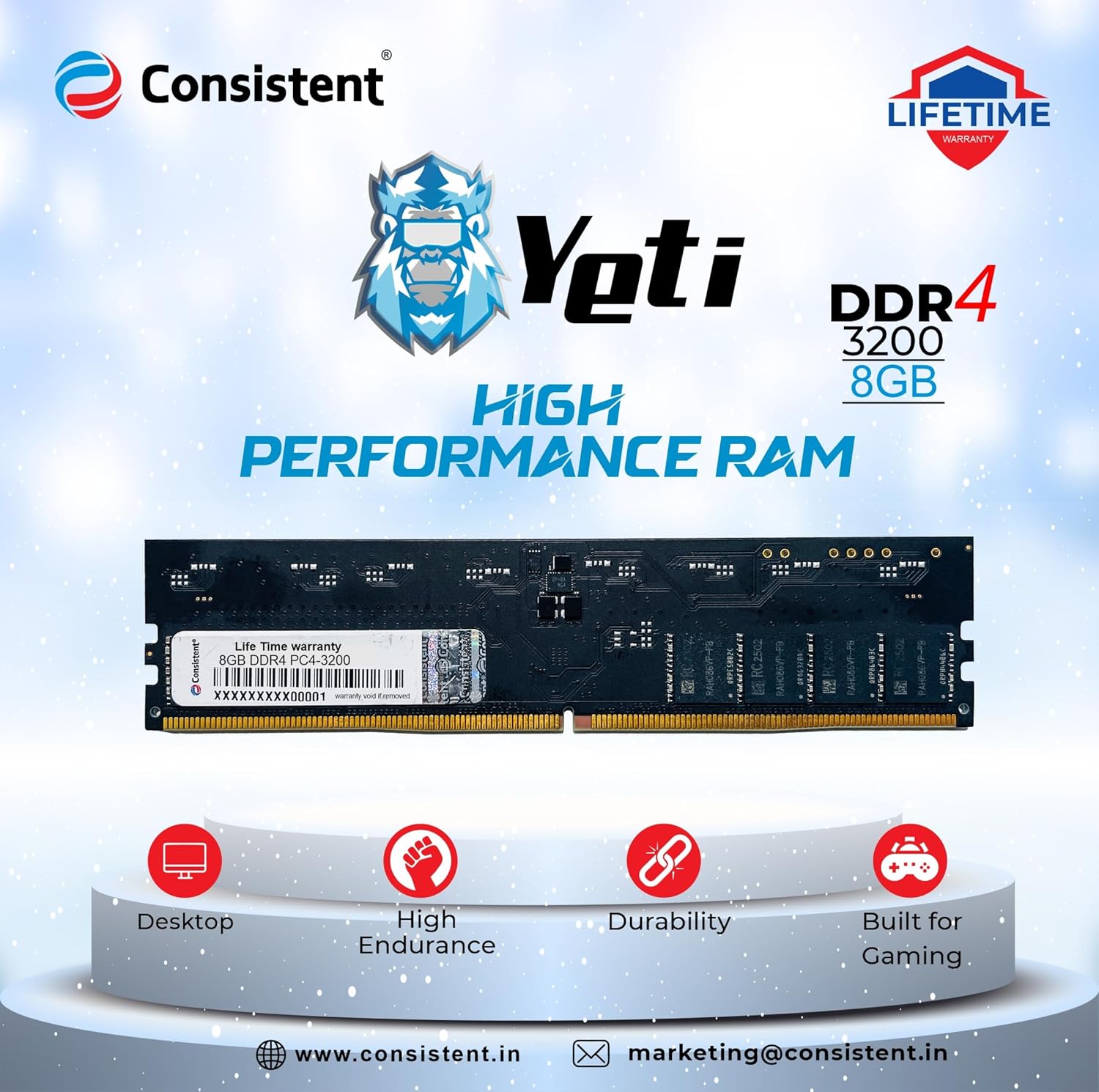 Consistent 8GB DDR4 3200mhz Yeti Ram for Desktop PC