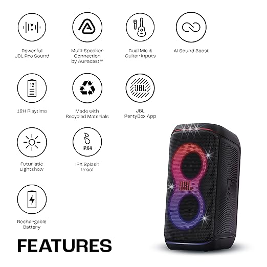JBL Partybox 120 Wireless Bluetooth 160W Party Speaker, AI Sound Boost, Futuristic Light Show, Upto 12Hrs Playtime,Multispeaker Connection by Auracast, Guitar & Mic Input, Splashproof (Black) - Zapnet.in