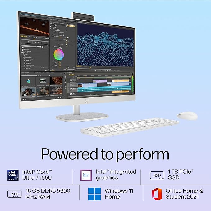 HP All-in-One 27, Intel Core Ultra 7 155U, 27inch (68.6 cm), FHD,IPS,Three-Sided Micro-Edge, Anti-Glare,300 nits,16 GB DDR5,1TB SSD,Windows 11,MSO21,Shell White,6.72kg,27-cr1007in - Zapnet.in