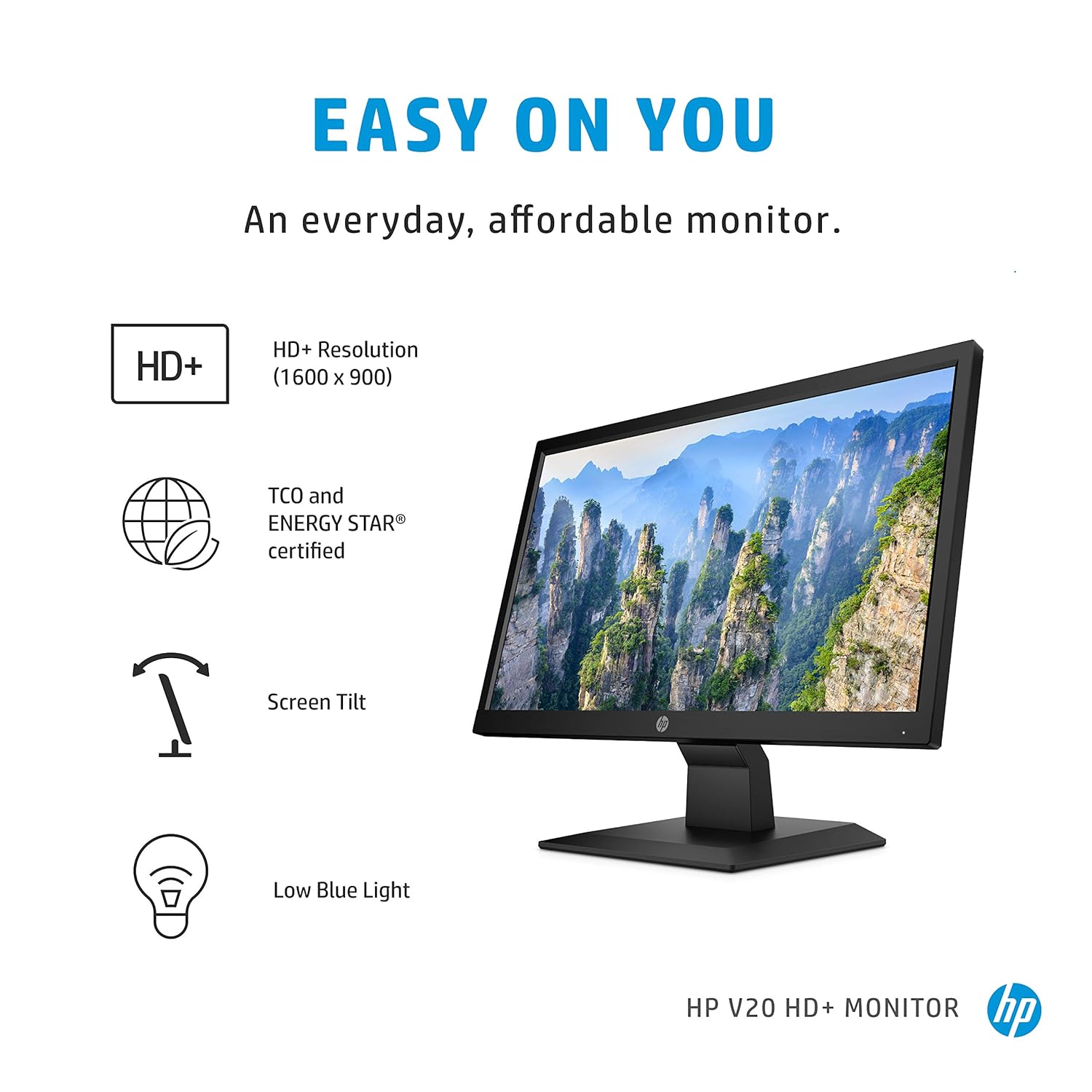 HP V20 19.5 inch(49.53 cm) Monitor HD+(1600 x 900) Anti-Glare; Low Blue Light Mode, HDMI; VGA, 5ms Response time,VESA Mount, 2.81kg (1H848AA) - Zapnet.in