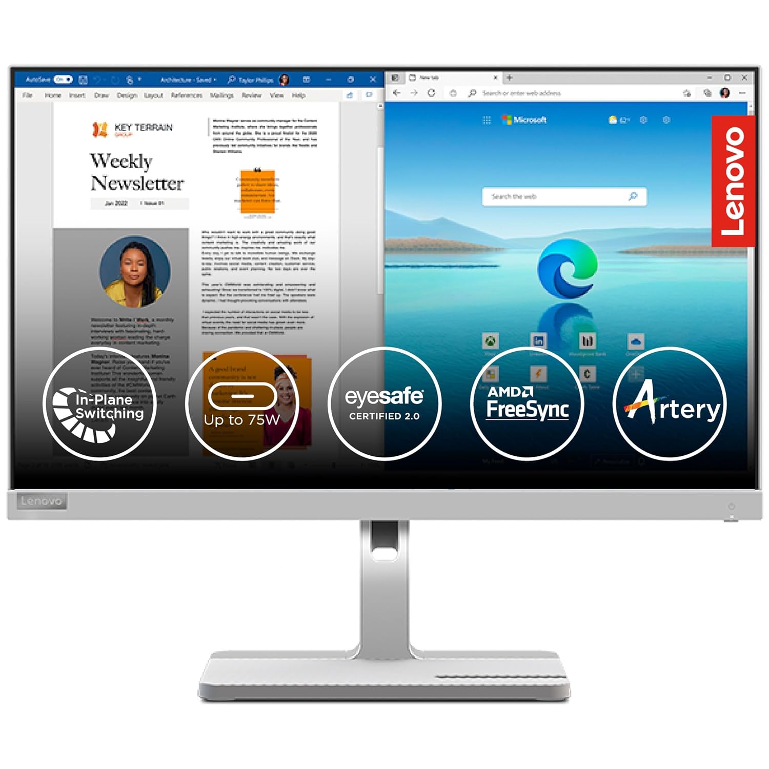 Lenovo L-Series 24 inch (60.45cm) | FHD IPS Ultraslim Monitor| 100Hz, 4ms, AMD FreeSync, 3Wx2 Speakers, HDMI, VGA, Tilt Swivel Pivot Height Adjust Stand: for Home & Office use, Grey, L24m-40