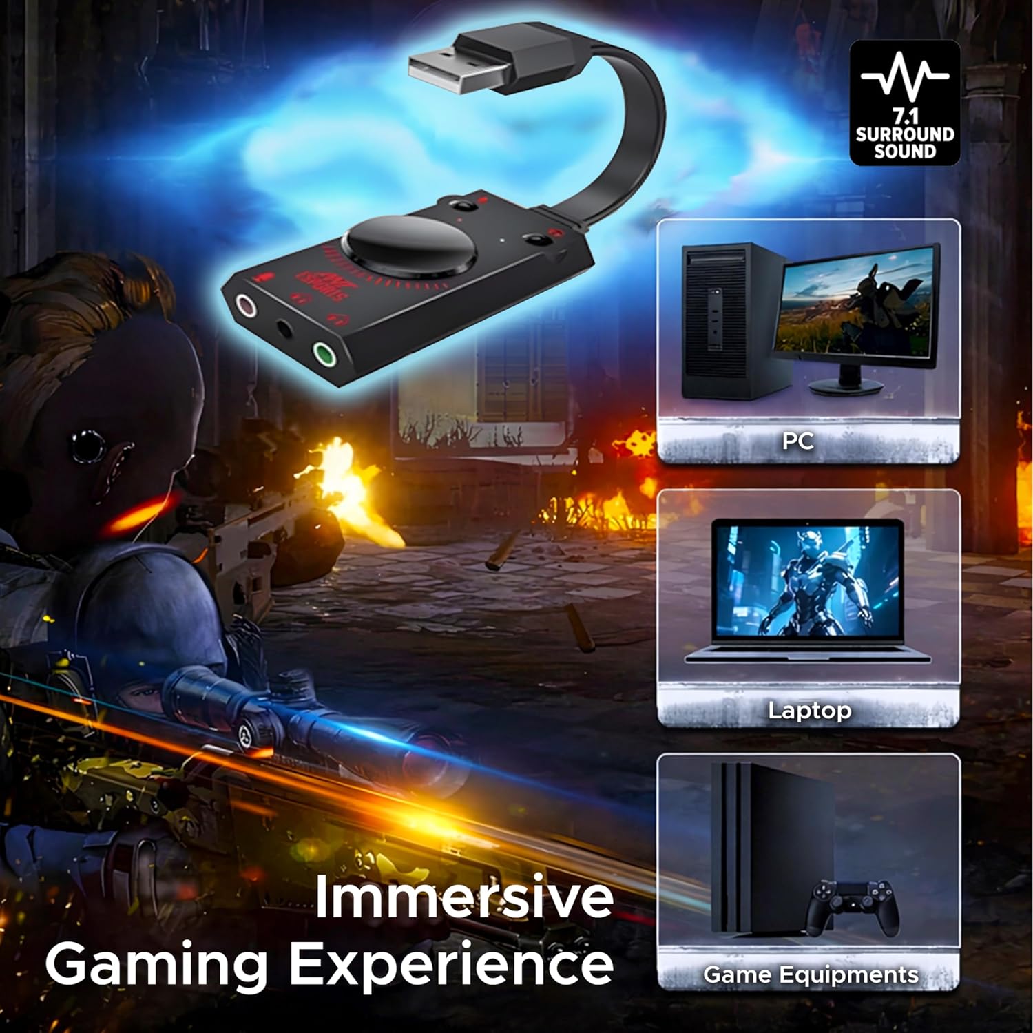 Ant Esports 7.1 USB Gaming Sound Card, 7.1 Channel External Audio Adapter Stereo Sound Card Converter 3.5mm AUX Microphone Jack for Gaming Headset Earphone PS4 Laptop Desktop Windows Mac OS Linux, Plug Play