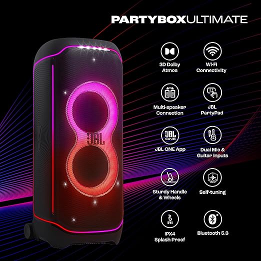 JBL Partybox Ultimate, Dynamic Lightshow, Party Pad, Wi-Fi & Bluetooth Connectivity, Dual Mic with Guitar Inputs, Pro Sound, Ipx4 Splashproof, Self Tuning, One App (Black) - Multimedia - Zapnet.in