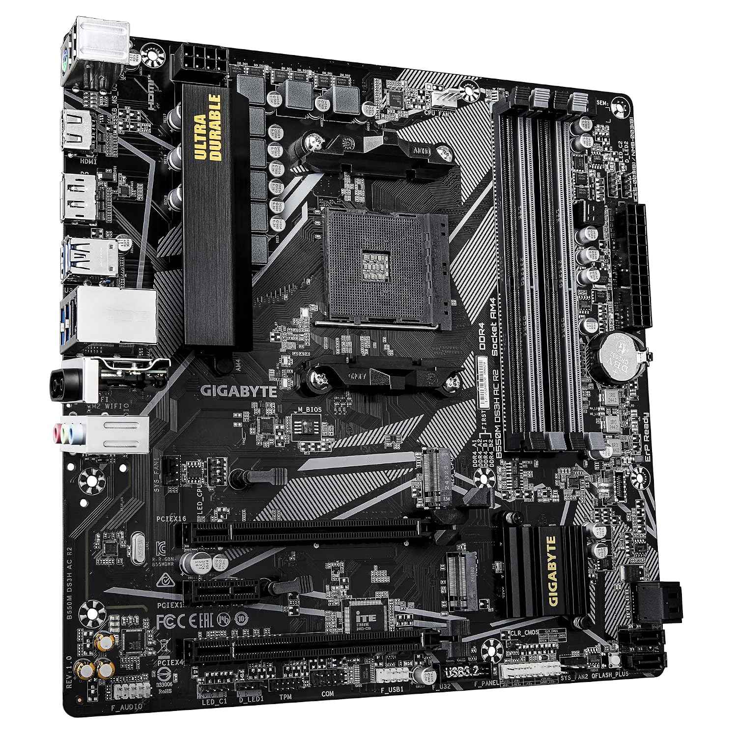 GIGABYTE B550M DS3H AC R2 Motherboard - AMD Ryzen 5000 CPUs | 5+3 Phases VRM | up to 4733MHz DDR4 (O.C.) | 1xPCIe 4.0 + 1xPCIe 3.0 M.2 | Wi-Fi 5 | 1GbE LAN | USB 3.2 Gen 1