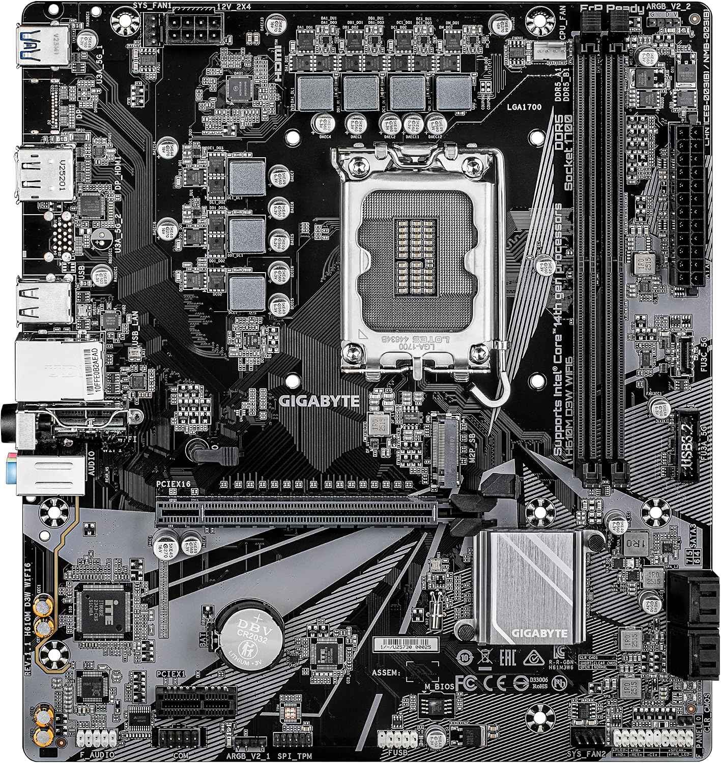 GIGABYTE H610M D3W WIFI6 Motherboard - Supports 14th Gen Intel Core Processors, 5+1+1 Phase VRM, up to 5600MHz DDR4, 1xPCIe 3.0 M.2, Wi-Fi 6, 1GbE LAN, USB 3.2 Gen 1