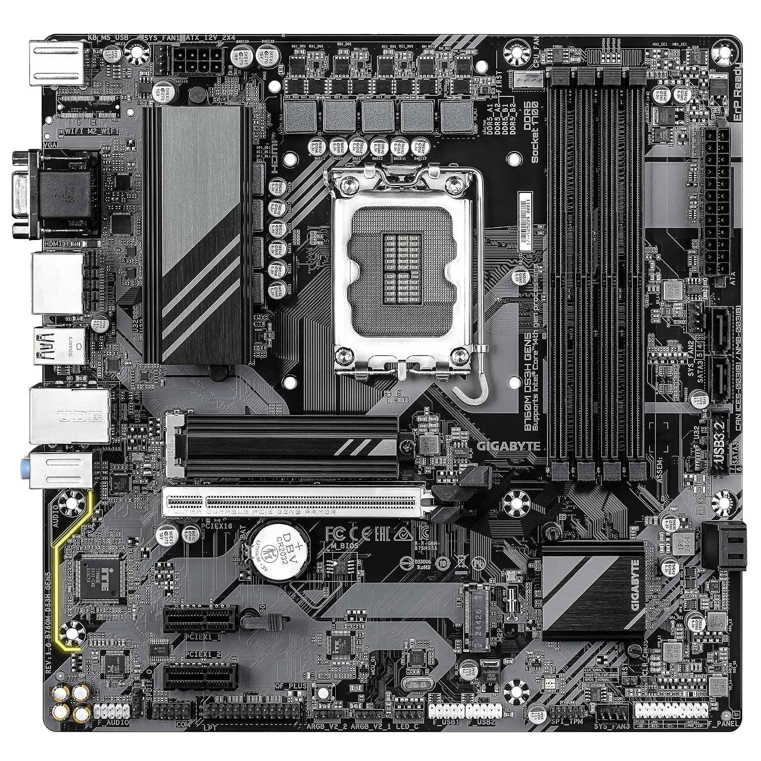 GIGABYTE B760M DS3H GEN5 Motherboard - Supports 14th Gen Intel Core Processors, 6+2+1 Phase Digital VRM, Up to 5600MHz DDR4, 2x PCIe 4.0 M.2, 2.5GbE LAN, USB 3.2 Gen2