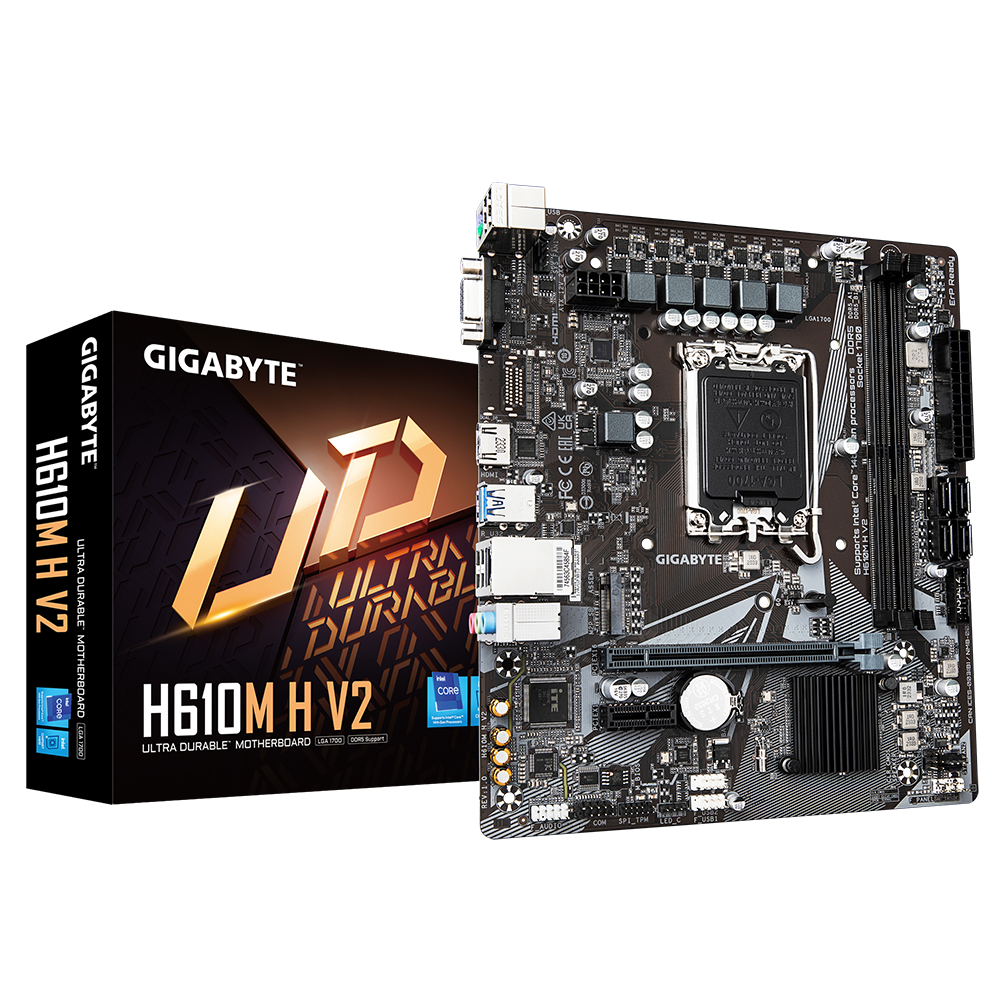 Gigabyte H610M H V2 DDR4 Motherboard - Supports Intel Core 14th CPUs, 6+1+1 Hybrid Digital VRM, up to 3200MHz DDR4 (OC), 1xPCIe 3.0 M.2, GbE LAN, USB 3.2 Gen 1