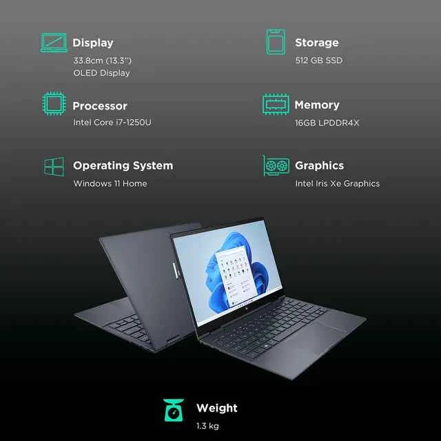 Refurbished HP Envy 13 BF0142TU Intel Core i7 12th Gen (13.3 inch, 16GB, 512GB, Windows 11 Home, MS Office 2021, Intel Iris Xe, OLED Display, Space Blue, 81B48PA)