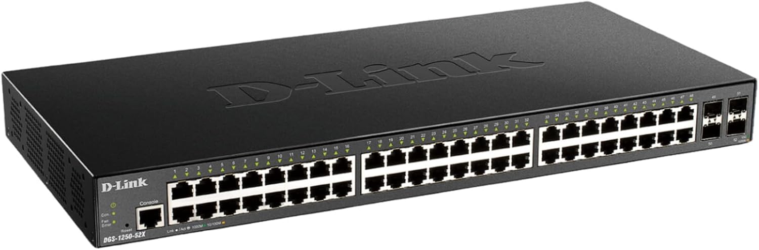 D-Link 52-Port Gigabit Smart Managed Switch | 48 Gigabit Ports + 4 10G SFP+ Ports| L2+/L3 Lite |VLANs |Web Managed |Surveillance Mode | Rackmount | NDAA Compliant (DGS-1250-52X-6KV)