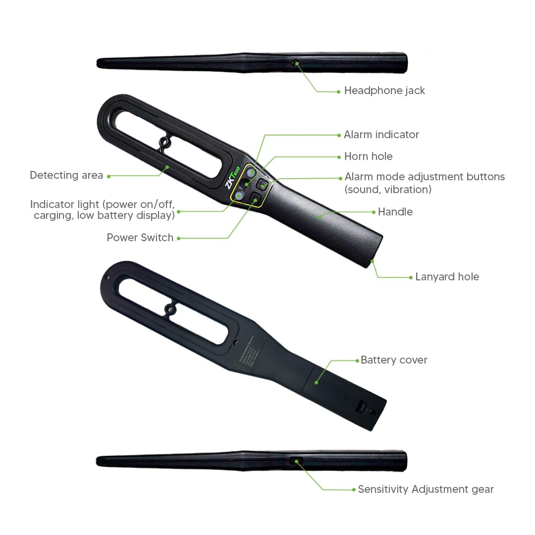 ZKTeco ZK-D160 Handheld Metal Detector | Portable Security Scanning Tool | AA Battery Included | Audio & Vibration Alerts | LED Indicator Lights | Ideal for Schools, Events & Security Checks