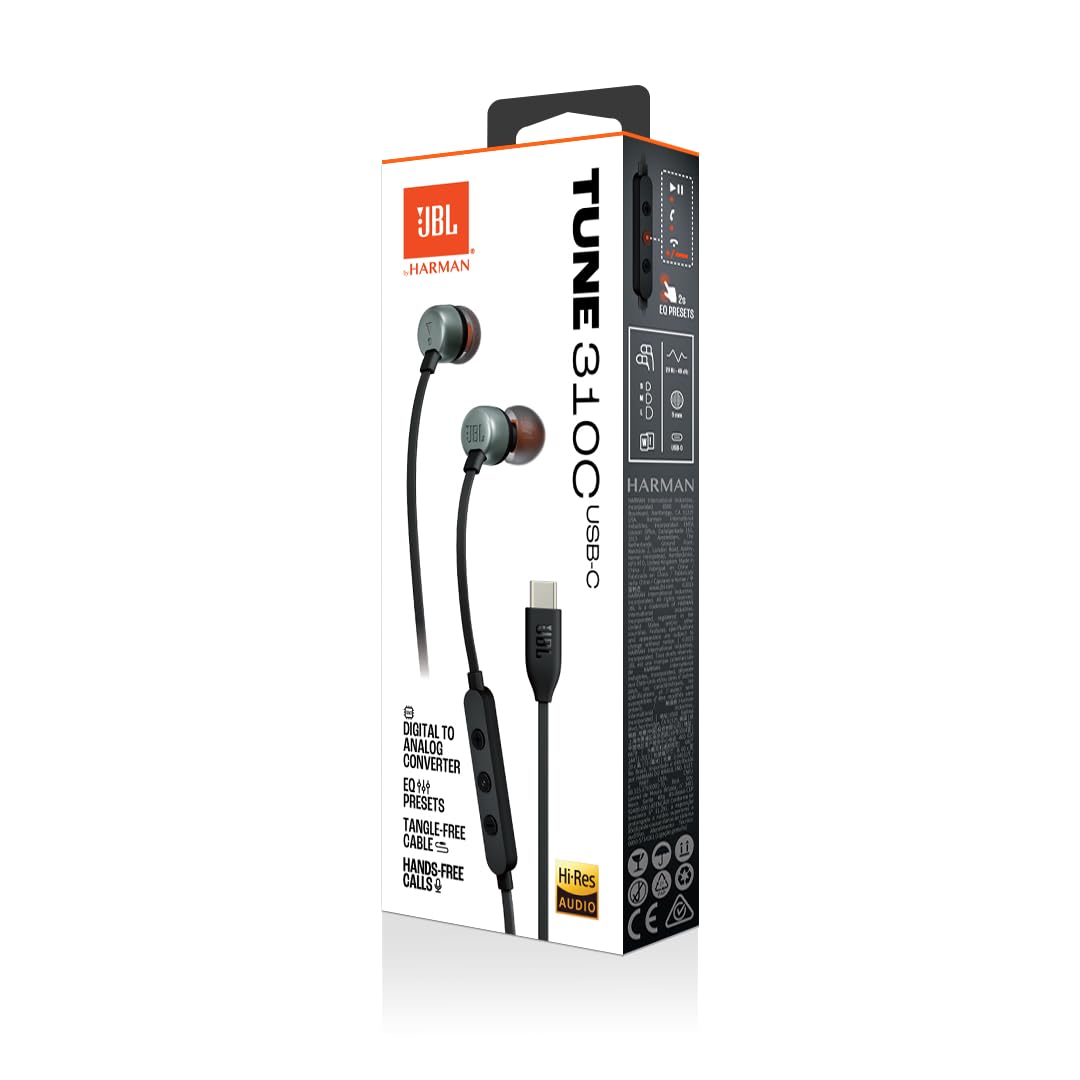JBL Tune 310C Wired in Ear Type C Headphones, Hi-Res Audio with Digital-to-Analog Converter, 3-Button EQ Preset Remote with Microphone, Tangle-Free Flat Cable, Compatible with USB-C Devices (Black) - Zapnet.in