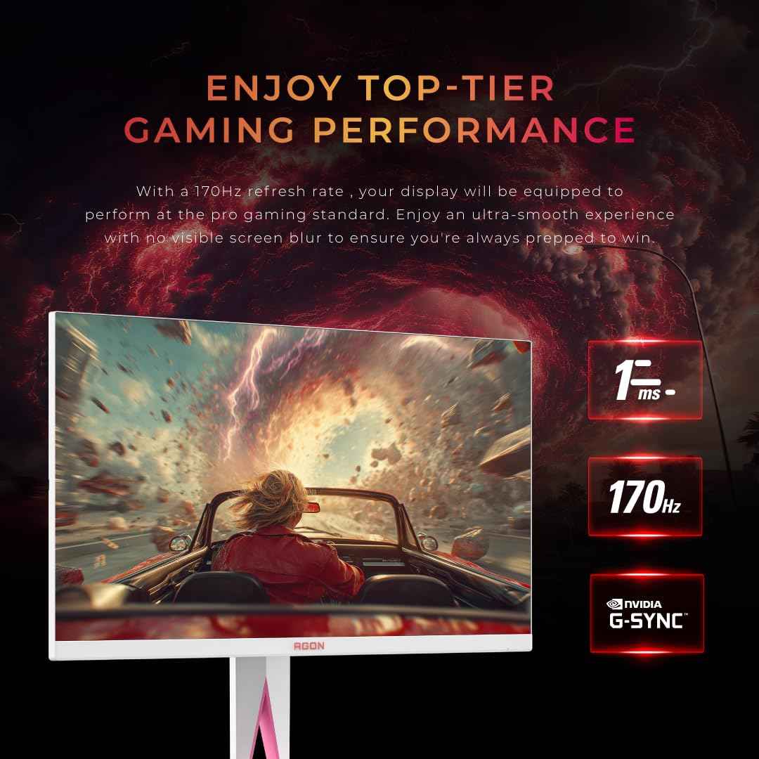 AOC AG275QXR 27" QHD White and Pink Gaming Monitor with Fast IPS, 170Hz Refresh Rate, 1ms, G-Sync Compatible, HDR400, Light FX Rear Illumination, Low Input Lag, Frame Less 3-Side Design, HDMI & DP