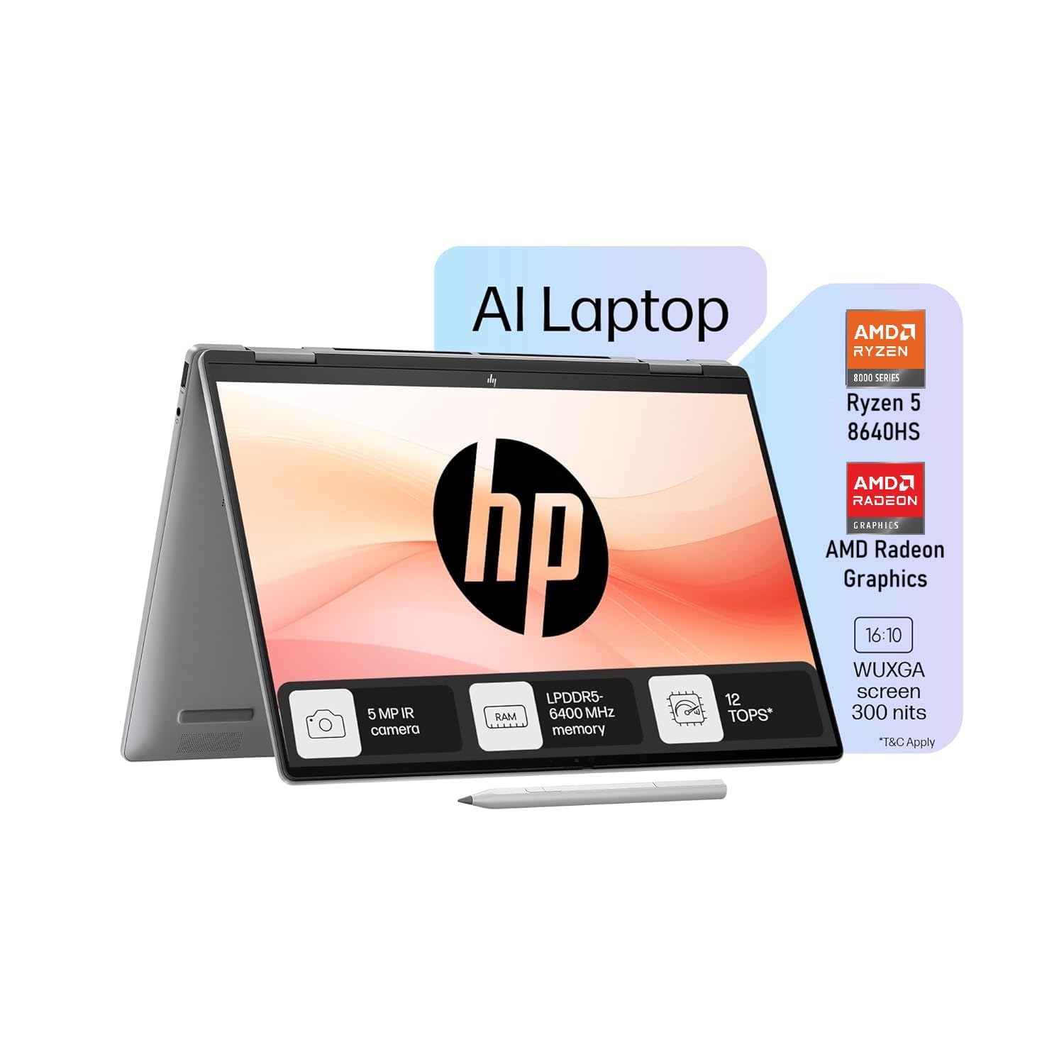 HP Envy x360, Enhanced by AI, AMD Ryzen 5 8640HS, 14-inch (35.6 cm), WUXGA, 16GB LPDDR5, 512GB SSD, AMD Radeon Graphics, 5MP IR Camera, Poly Studio (Win 11, MSO 2021, Silver, 1.44 kg), fa0038AU