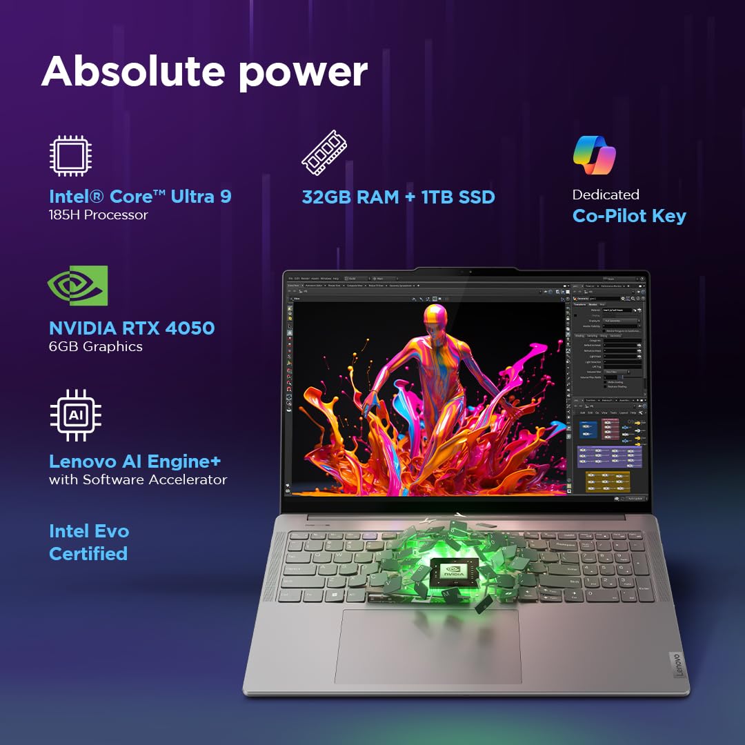 Lenovo Yoga Pro 9 Intel Evo Core Ultra 9 185H Built-in AI 16"(40.6cm) 3.2K IPS 165Hz Touchscreen Laptop (32GB/1TB SSD/NVIDIA RTX 4050 6GB/Win11/MSO 21/5.0MP+IR Cam/3 Mon GamePass/Grey/2Kg), 83DN004VIN