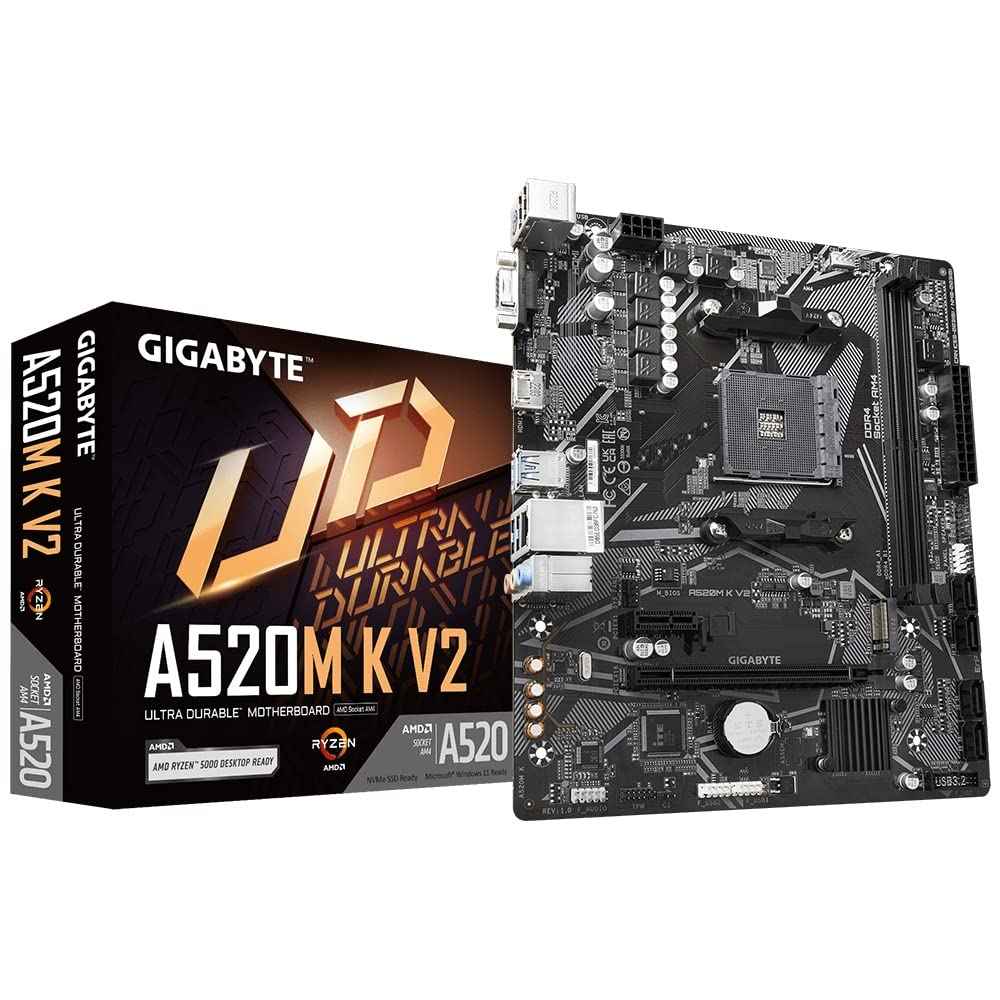 GIGABYTE A520M K V2 (Rev. 1.0) Micro-ATX Motherboard – AMD AM4, DDR4 (5100 MHz OC), PCIe 3.0 x4 M.2, GbE LAN, HDMI + D-Sub, Smart Fan 5