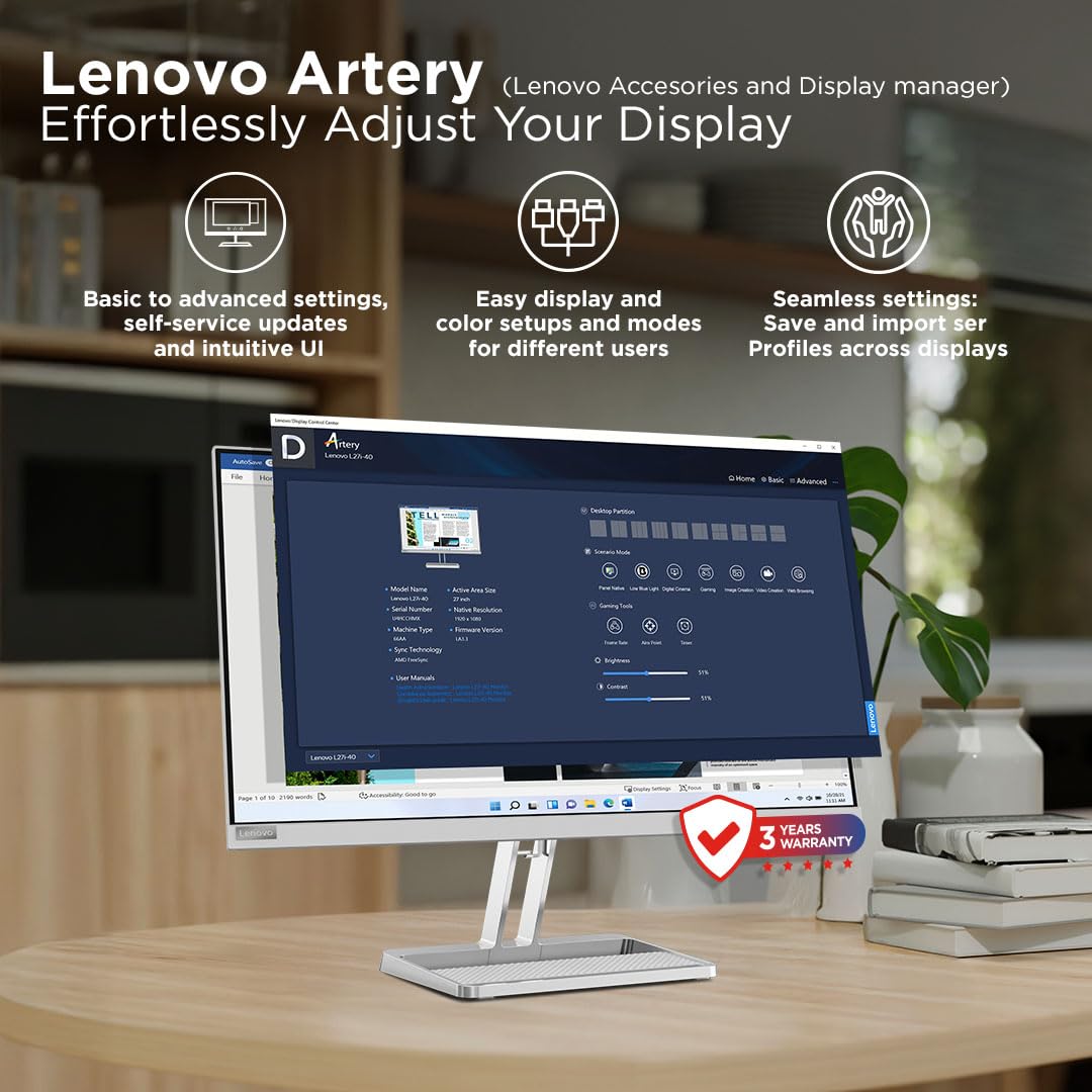 Lenovo L-Series 27 inch (68.5cm) QHD IPS Monitor| 100Hz, 1ms, FreeSync, 99% sRGB, 90% DCI-P3, 3Wx2 Speakers, 2X HDMI 2.1, 1x DP 1.4, Tilt, Swivel, Pivot Height Adjust Stand, Grey, L27q-4A