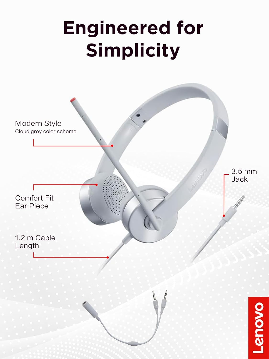 Lenovo 100 Stereo Analogue Wired On Ear Headphones with Mic, Memory-Foam earcups, 30 mm Driver | Computer/PC or Laptop Headphone (Cloud Grey)