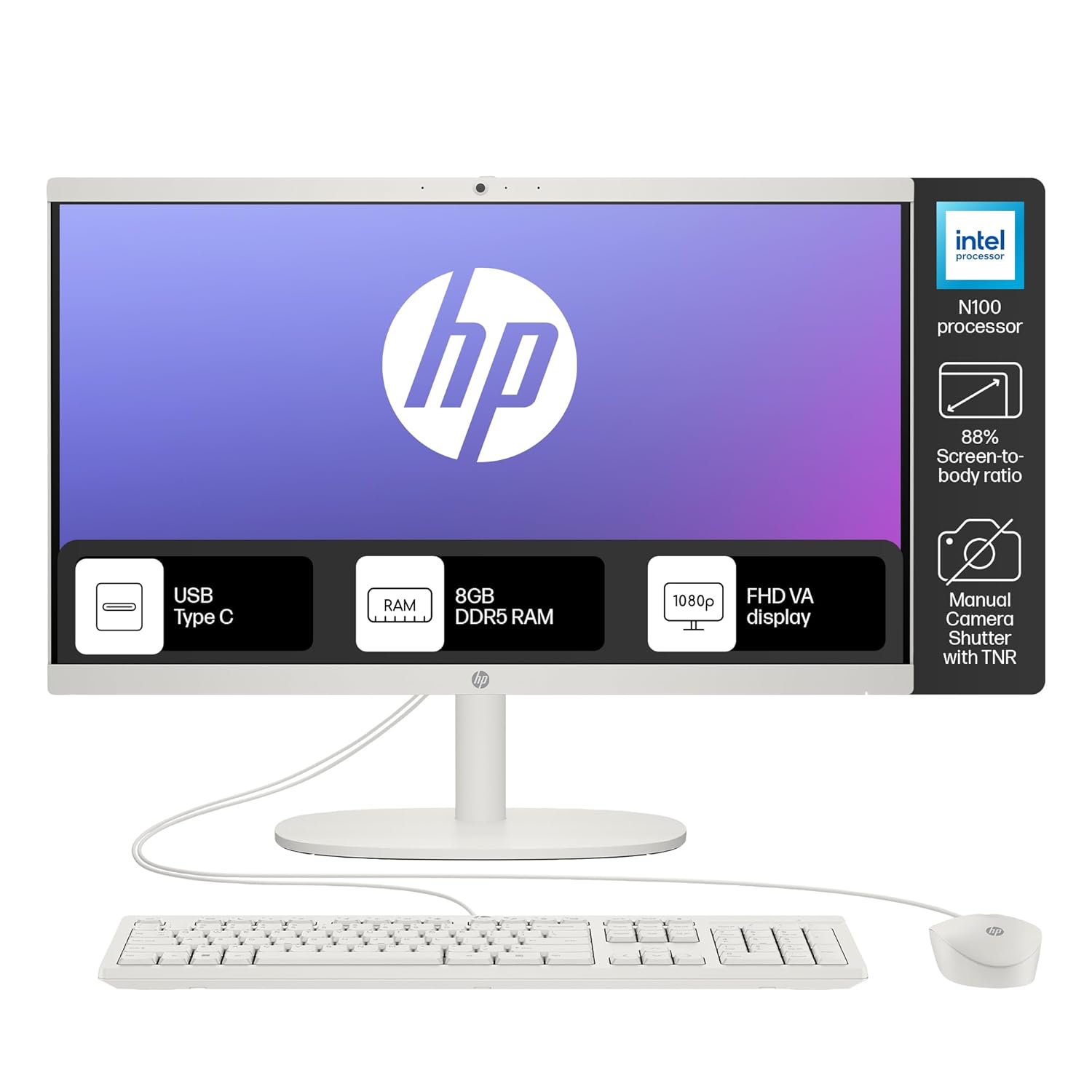 HP All-in-One Desktop,Intel® Celeron -N100,21.45 inch(54.5cm),FHD,Anti-Glare,8 GB DDR5, 512GB SSD,Dual 2W Speakers,White Wired Keyboard and Mouse Combo,White, Windows 11, 4.17kg,22-dg0153in