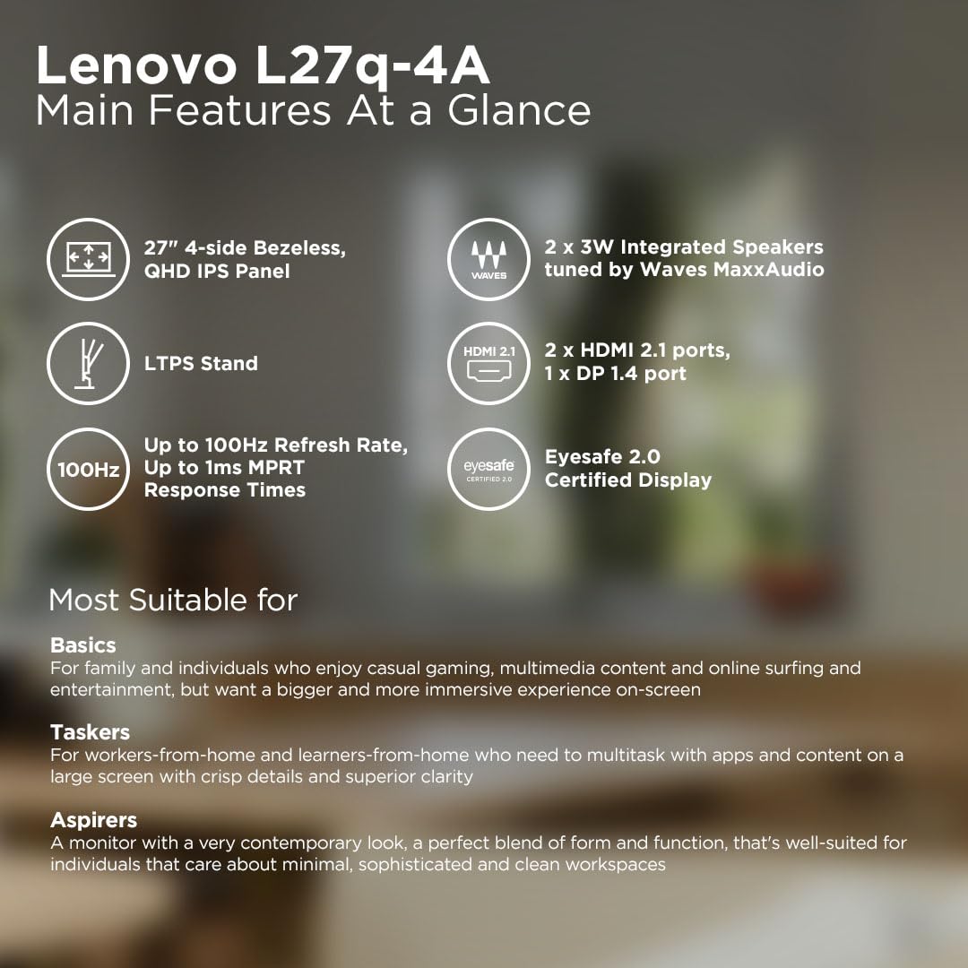 Lenovo L-Series 27 inch (68.5cm) QHD IPS Monitor| 100Hz, 1ms, FreeSync, 99% sRGB, 90% DCI-P3, 3Wx2 Speakers, 2X HDMI 2.1, 1x DP 1.4, Tilt, Swivel, Pivot Height Adjust Stand, Grey, L27q-4A
