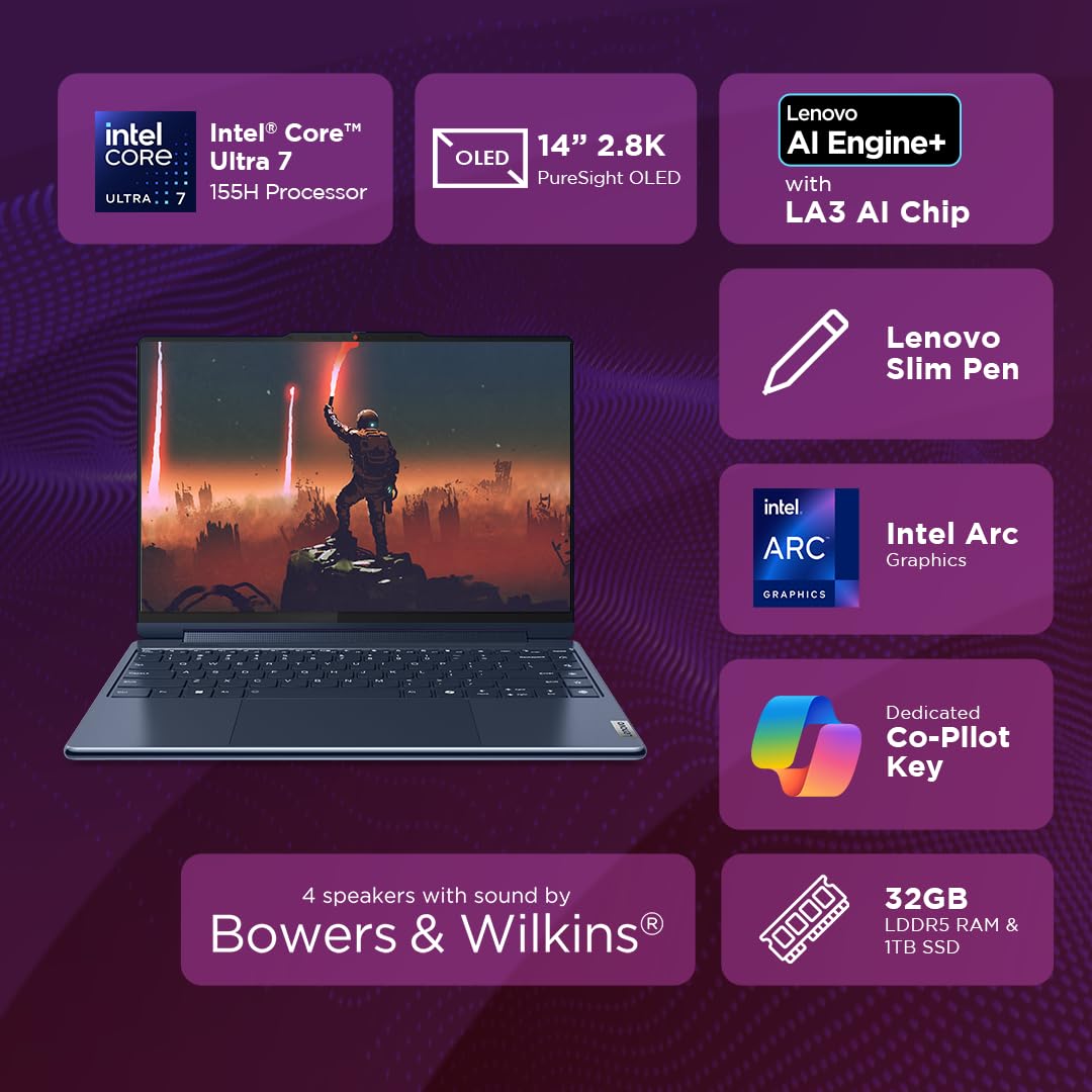 Lenovo Yoga 9 2-in-1 Intel Evo Core Ultra 7 155H 14"(35.5cm) 2.8K WQXGA+ OLED 400Nits 2-in-1 Laptop (32GB/1TB SSD/AI PC/Windows 11/MS Office 21/Digital Pen/Blue/1.5Kg), 83AC001LIN